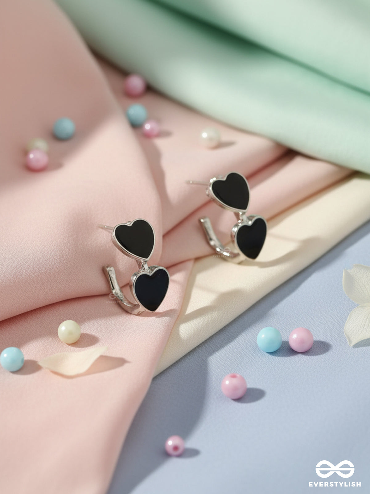 Night Bloom - Double Heart Earrings In Deep Black Hue