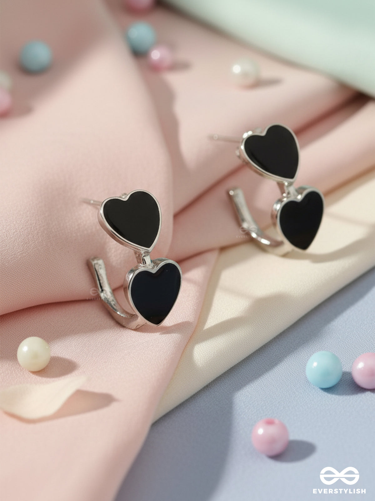Night Bloom - Double Heart Earrings In Deep Black Hue