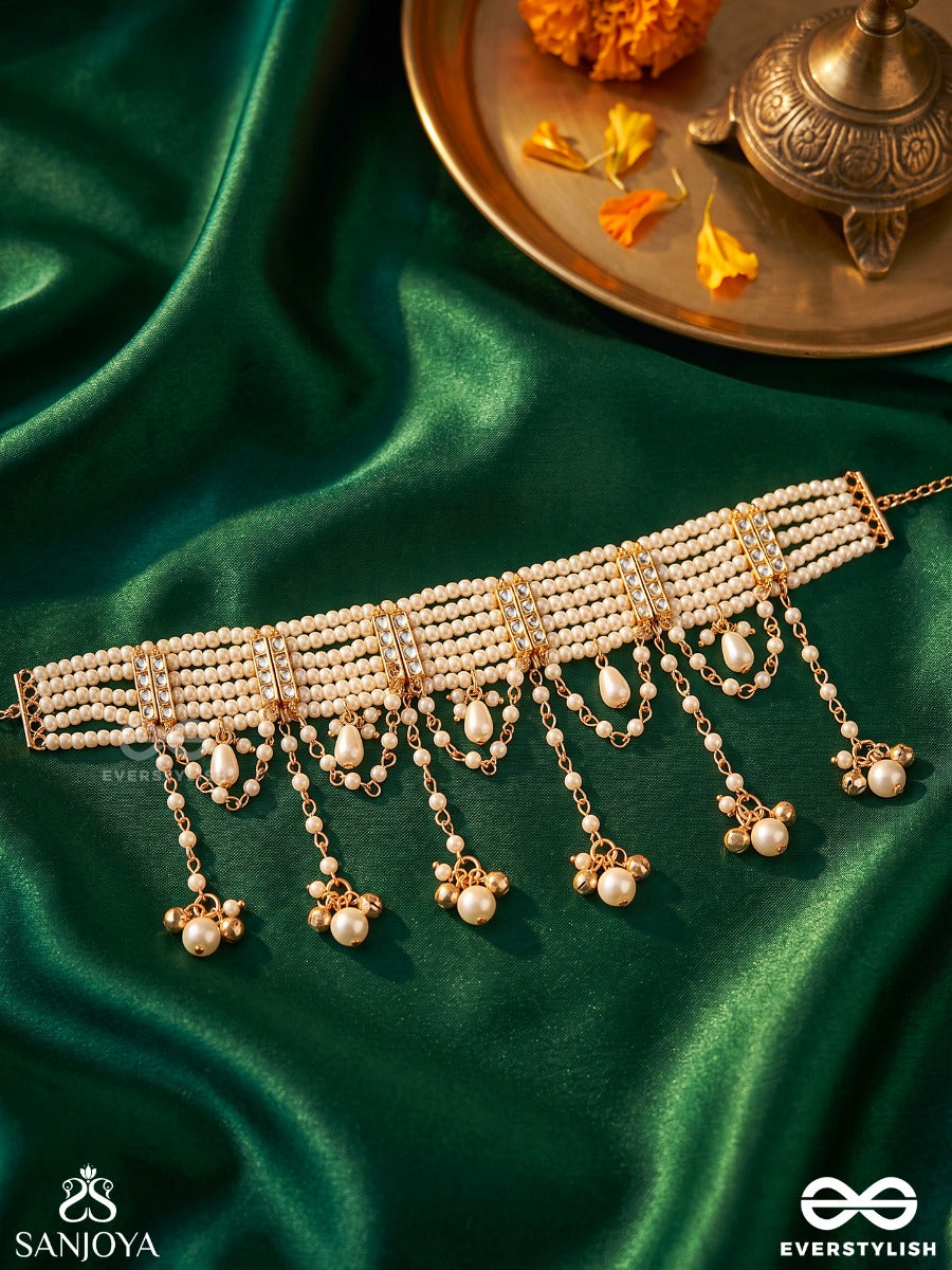 Muktaara - Pearl Adornment - Pearl Choker Necklace With Hanging Chains