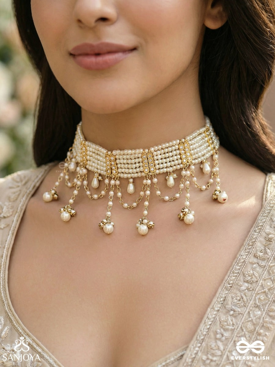 Muktaara - Pearl Adornment - Pearl Choker Necklace With Hanging Chains