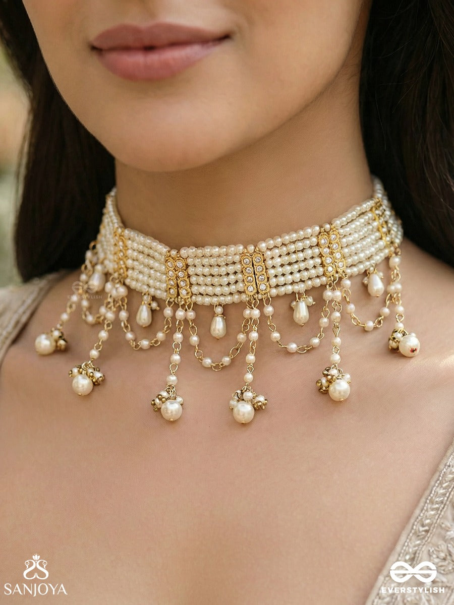 Muktaara - Pearl Adornment - Pearl Choker Necklace With Hanging Chains
