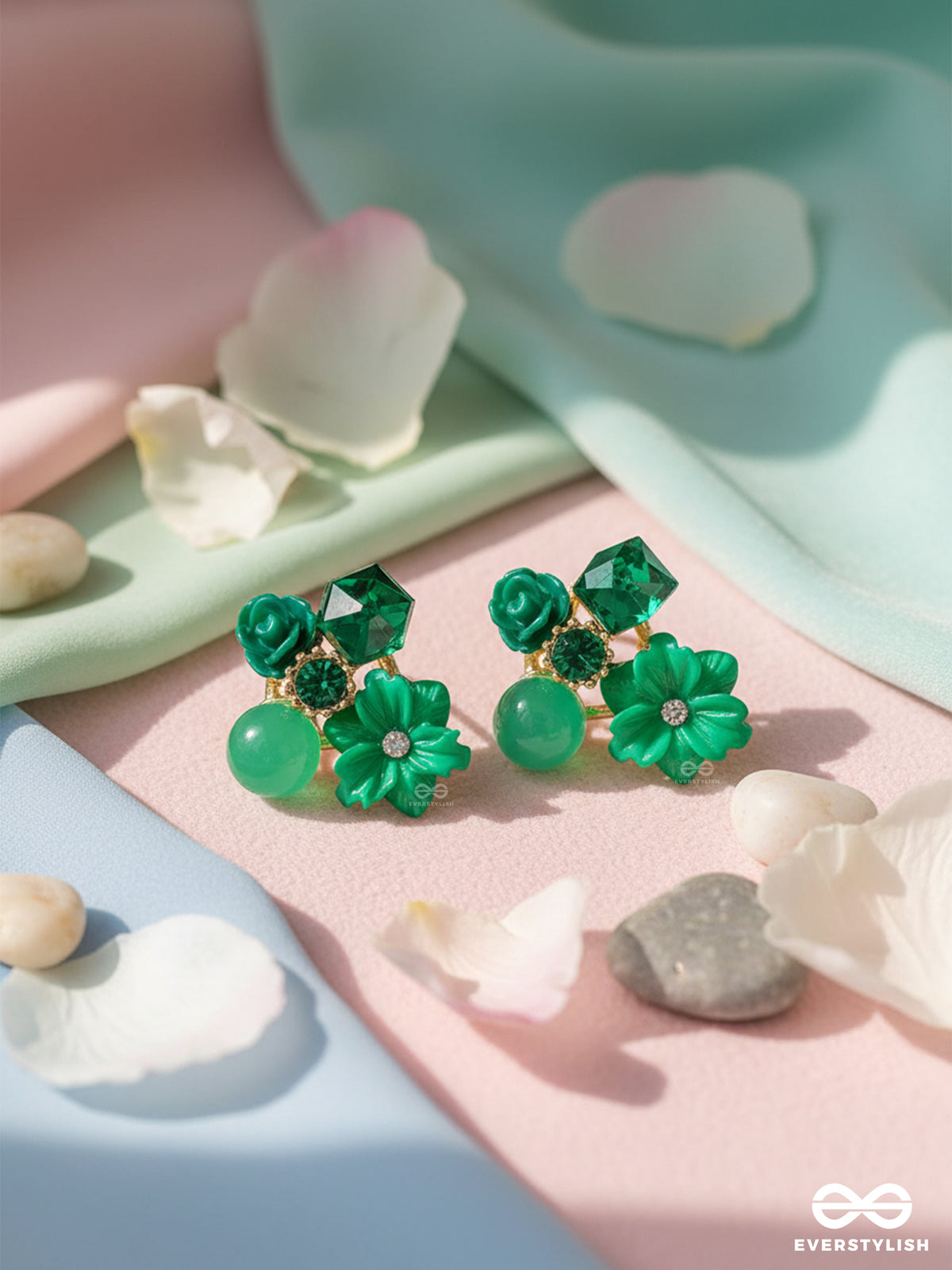 Petal Pop - Charming Studs In Green Shades With Flower Details
