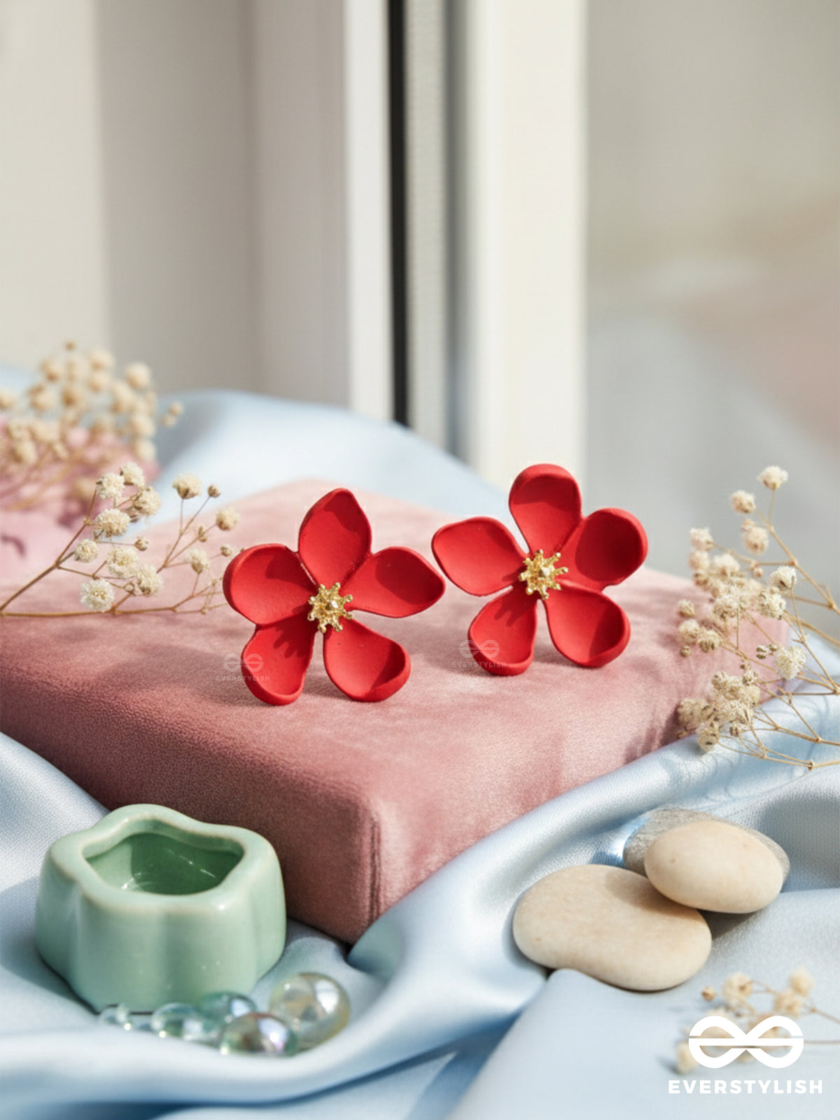 Crimson Muse - Matte Red Flower Earrings