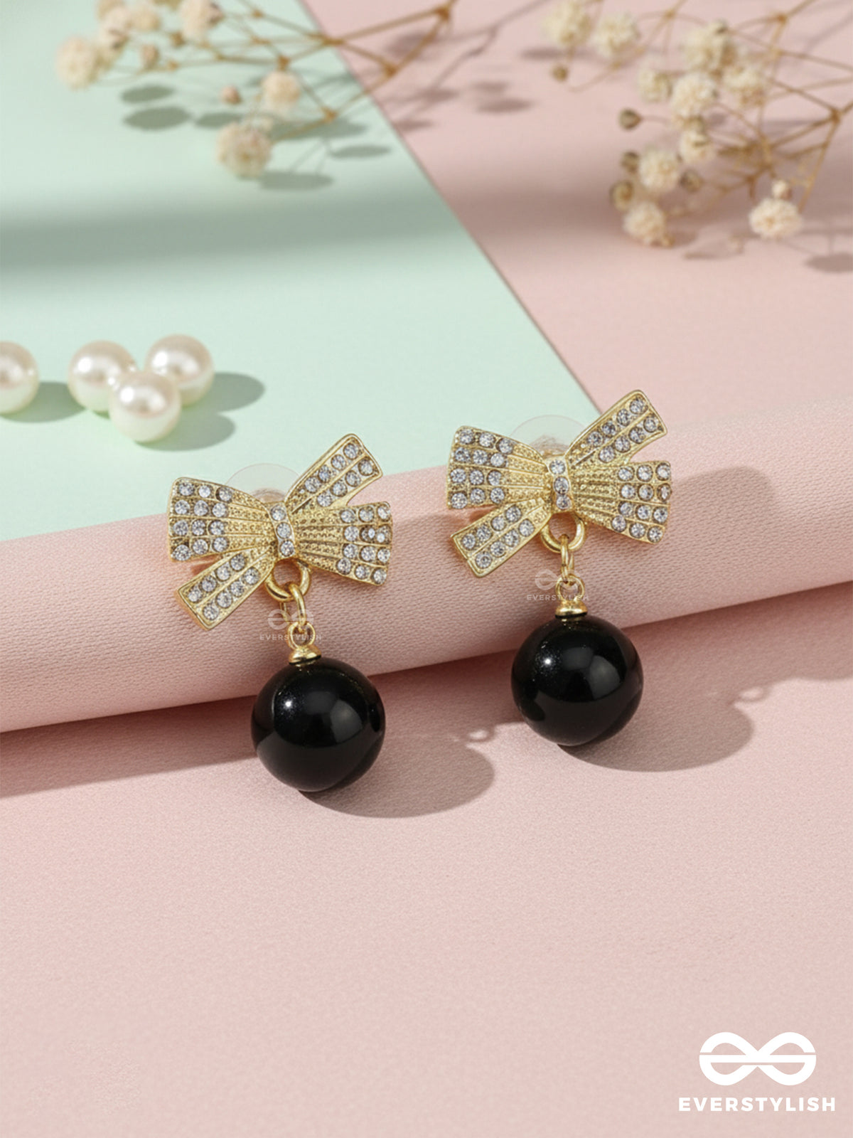 Luxe Bow - Embellished Gold Bow Earrings With Drop Bead