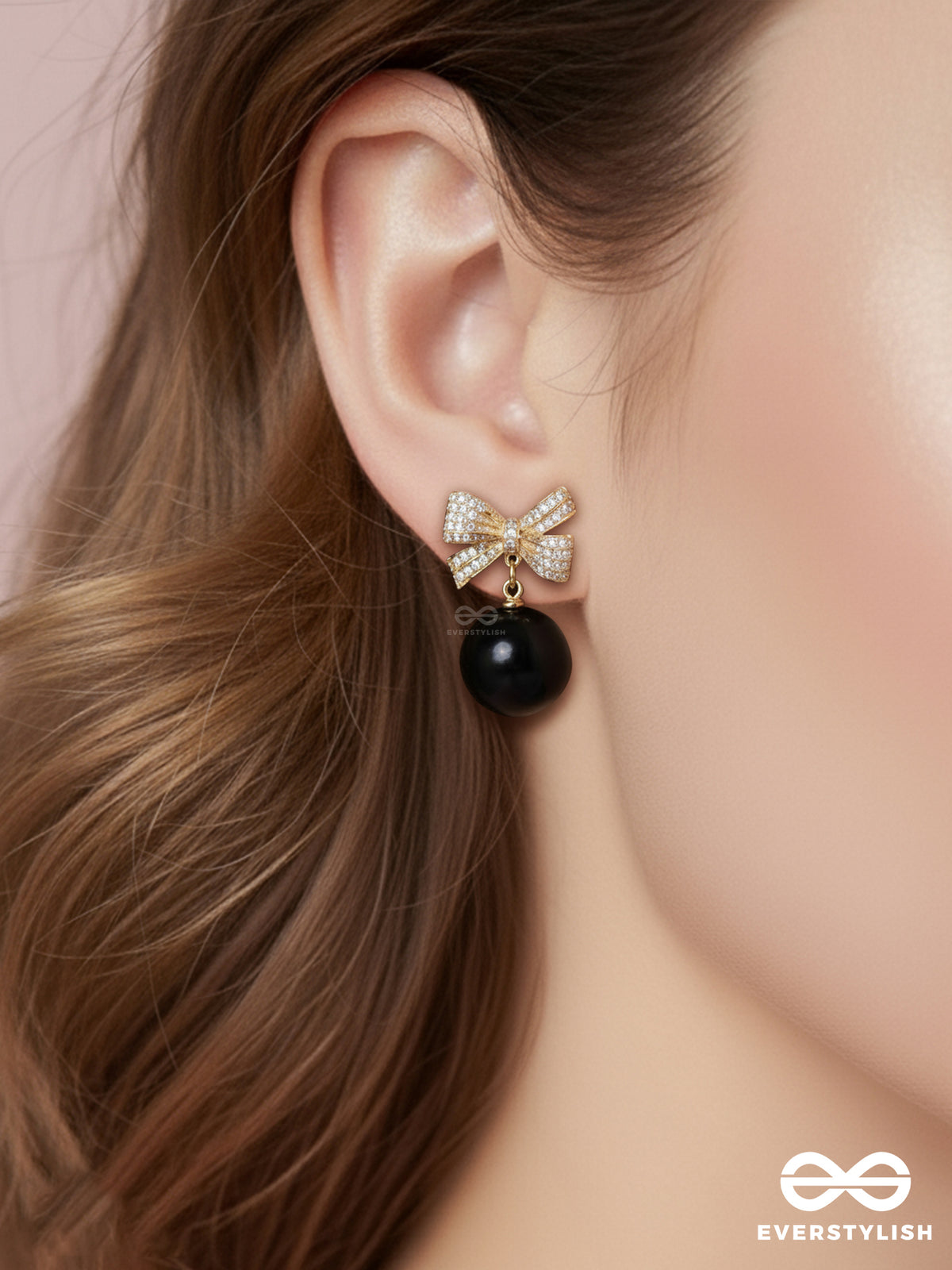 Luxe Bow - Embellished Gold Bow Earrings With Drop Bead