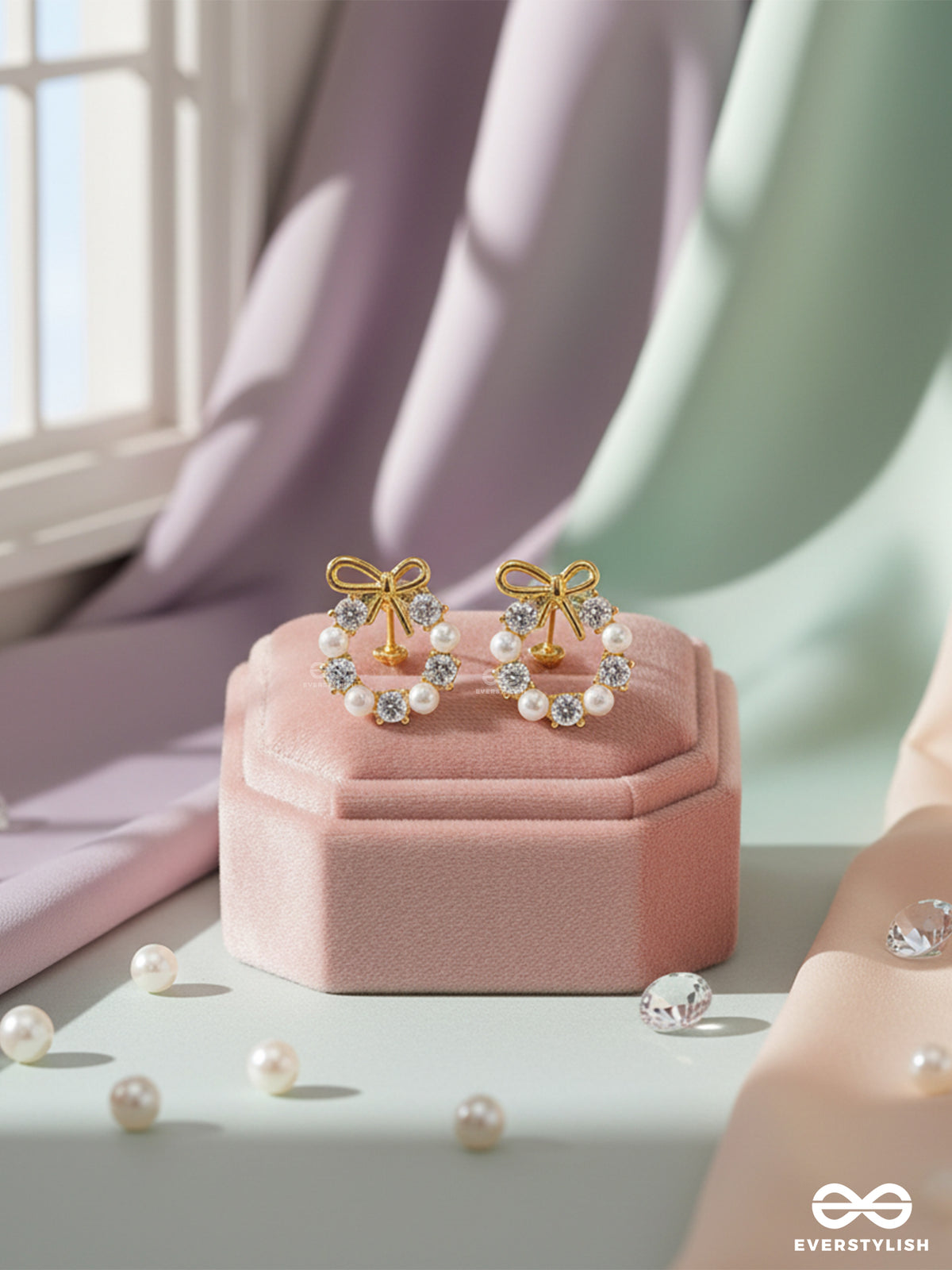 Ribbon Pearl - Lustrous Bow-Top Gold Earrings