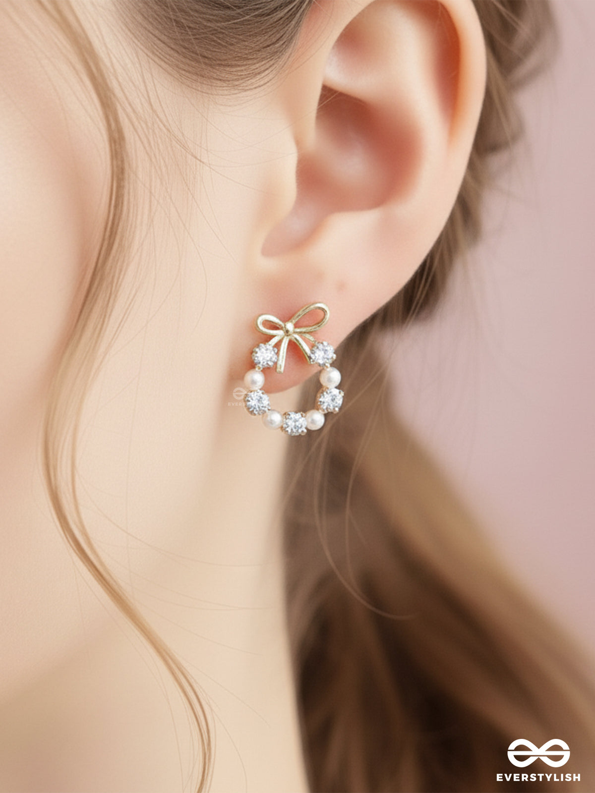 Ribbon Pearl - Lustrous Bow-Top Gold Earrings