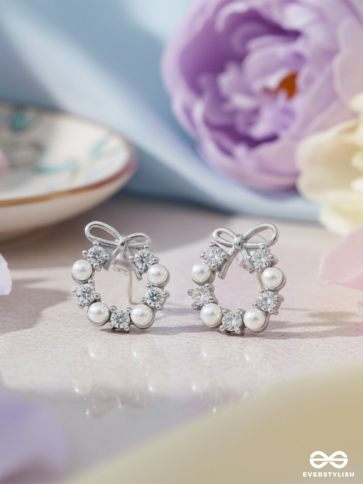 Ribbon Pearl - Lustrous Bow-Top Silver Earrings