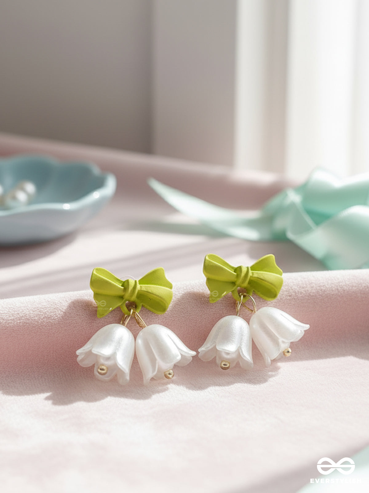 Mint Bells - Frosted White Floral Earrings With Green Bow