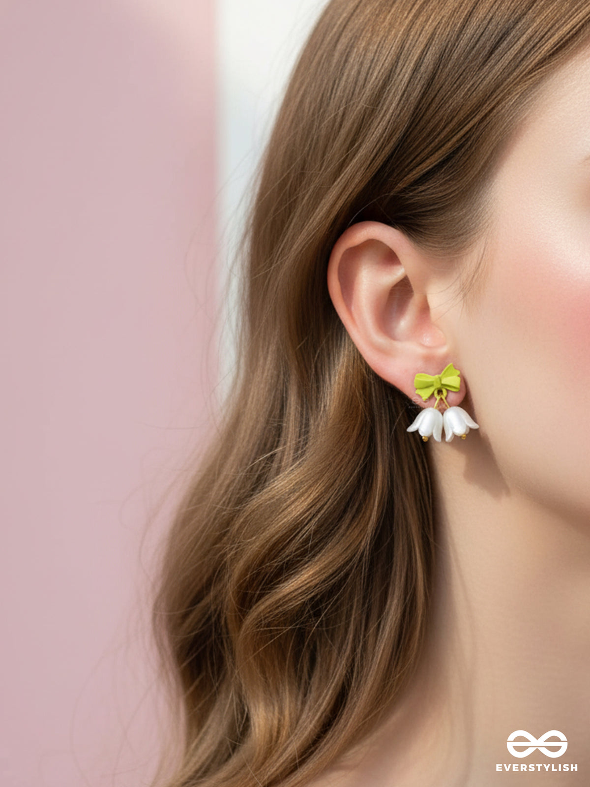 Mint Bells - Frosted White Floral Earrings With Green Bow
