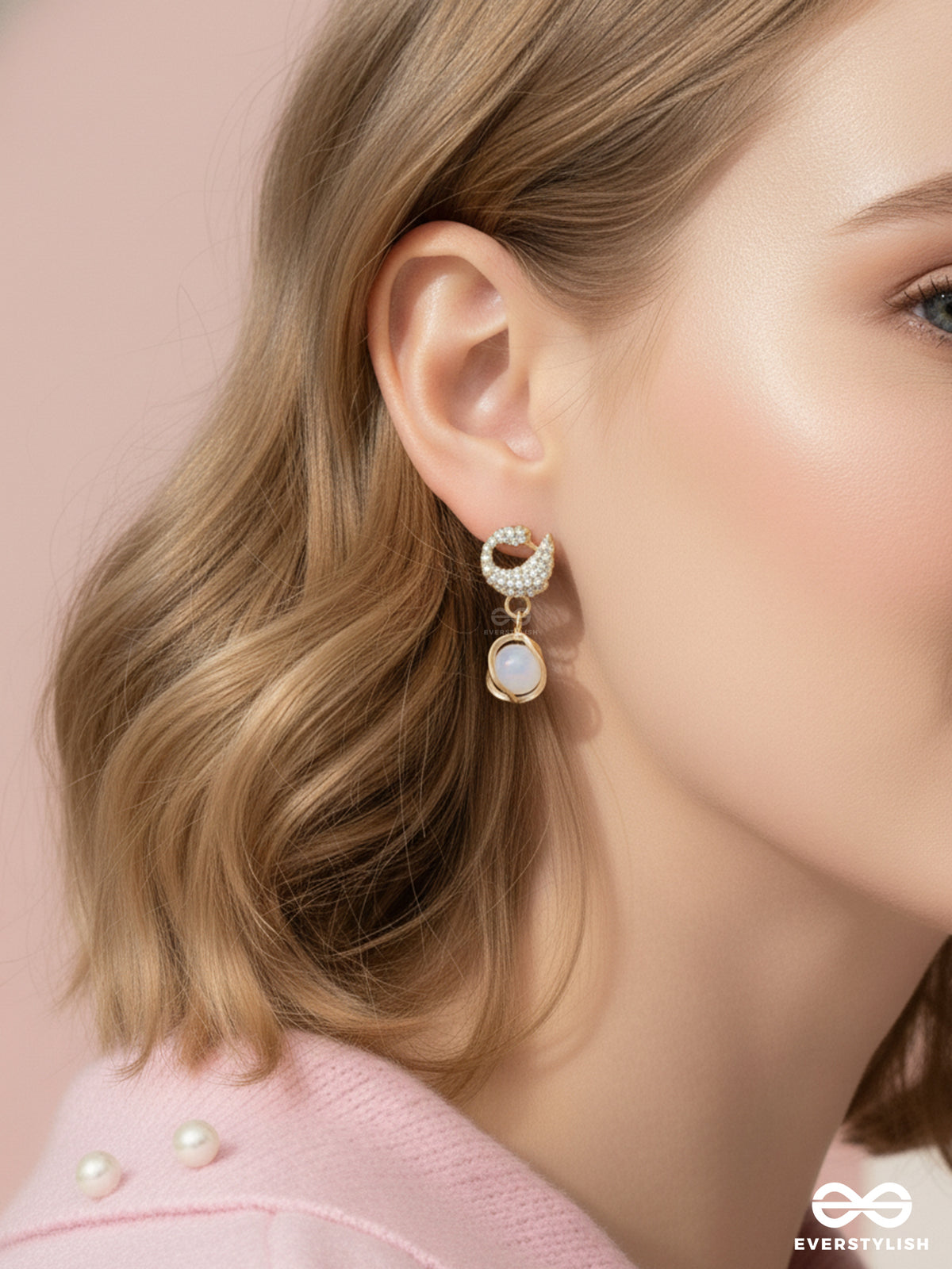 Misty Swirl - Gold Crystal Curve With Frosted Drop Earrings