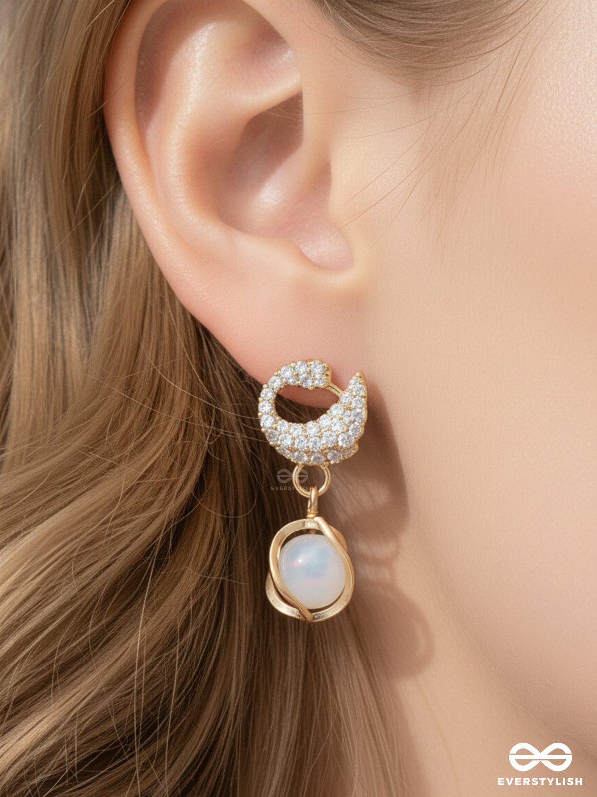 Misty Swirl - Gold Crystal Curve With Frosted Drop Earrings