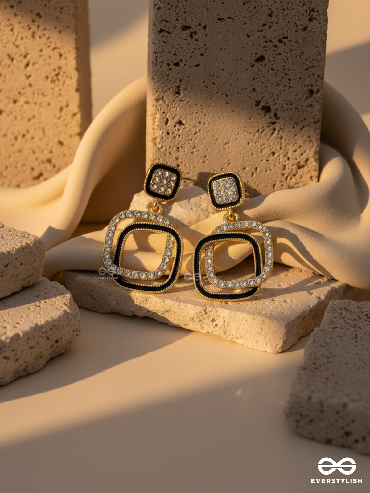 Square Loop - Modern Black & Gold Drop Earrings