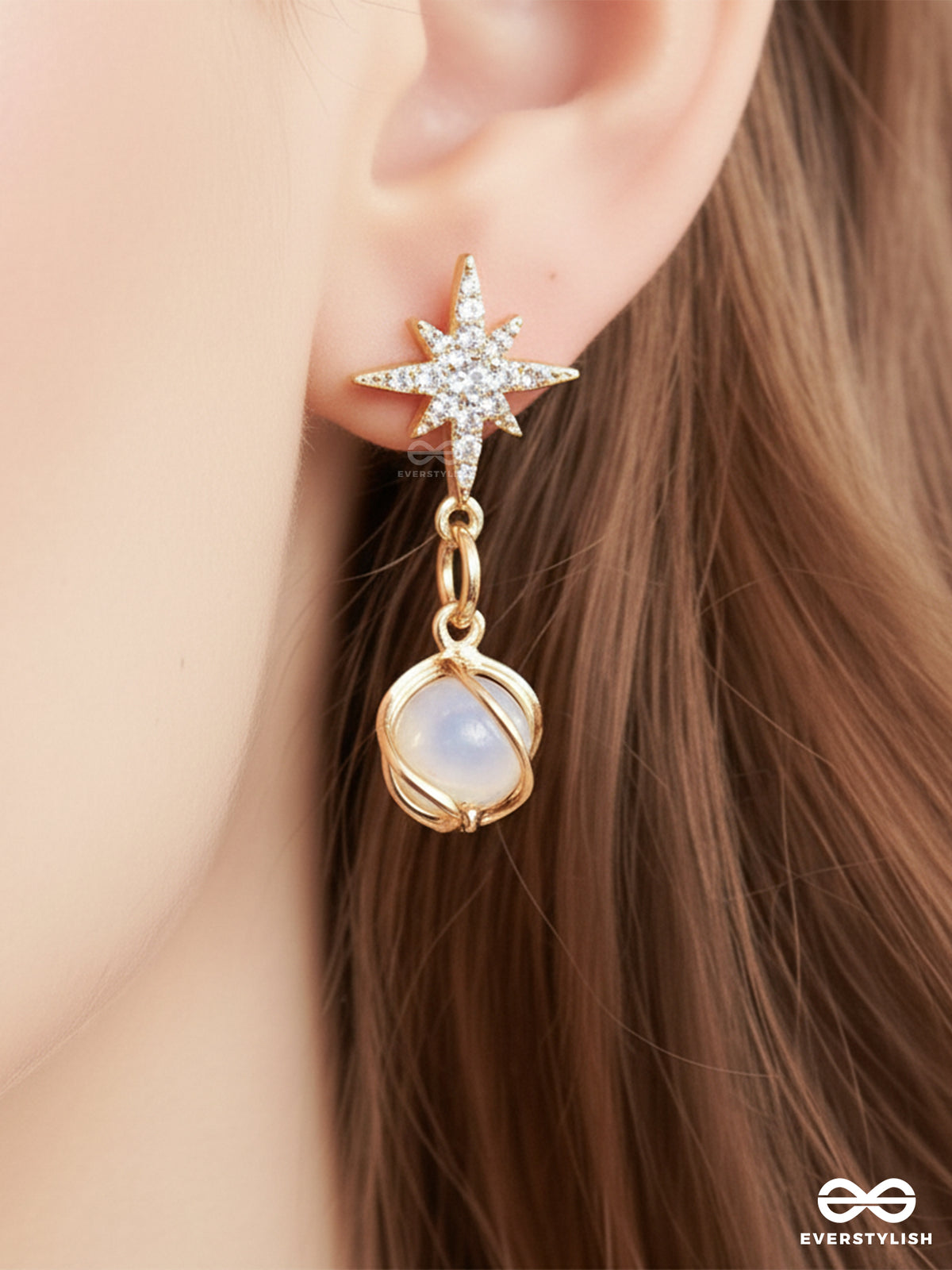 Astral Pebble - Starburst Stud With Soft Stone Drop Earrings