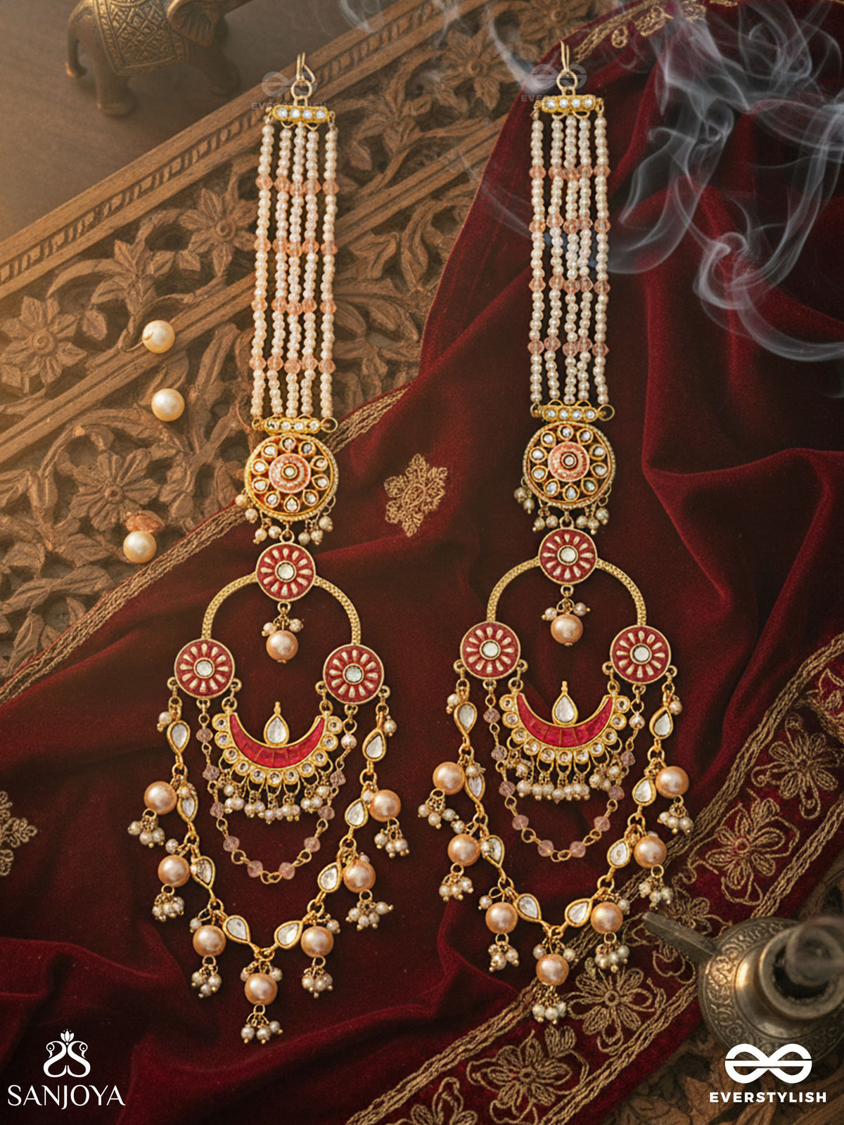 Padmali - Lotus Girl - Gold & Pink Motif With Pearl Hangings Earrings