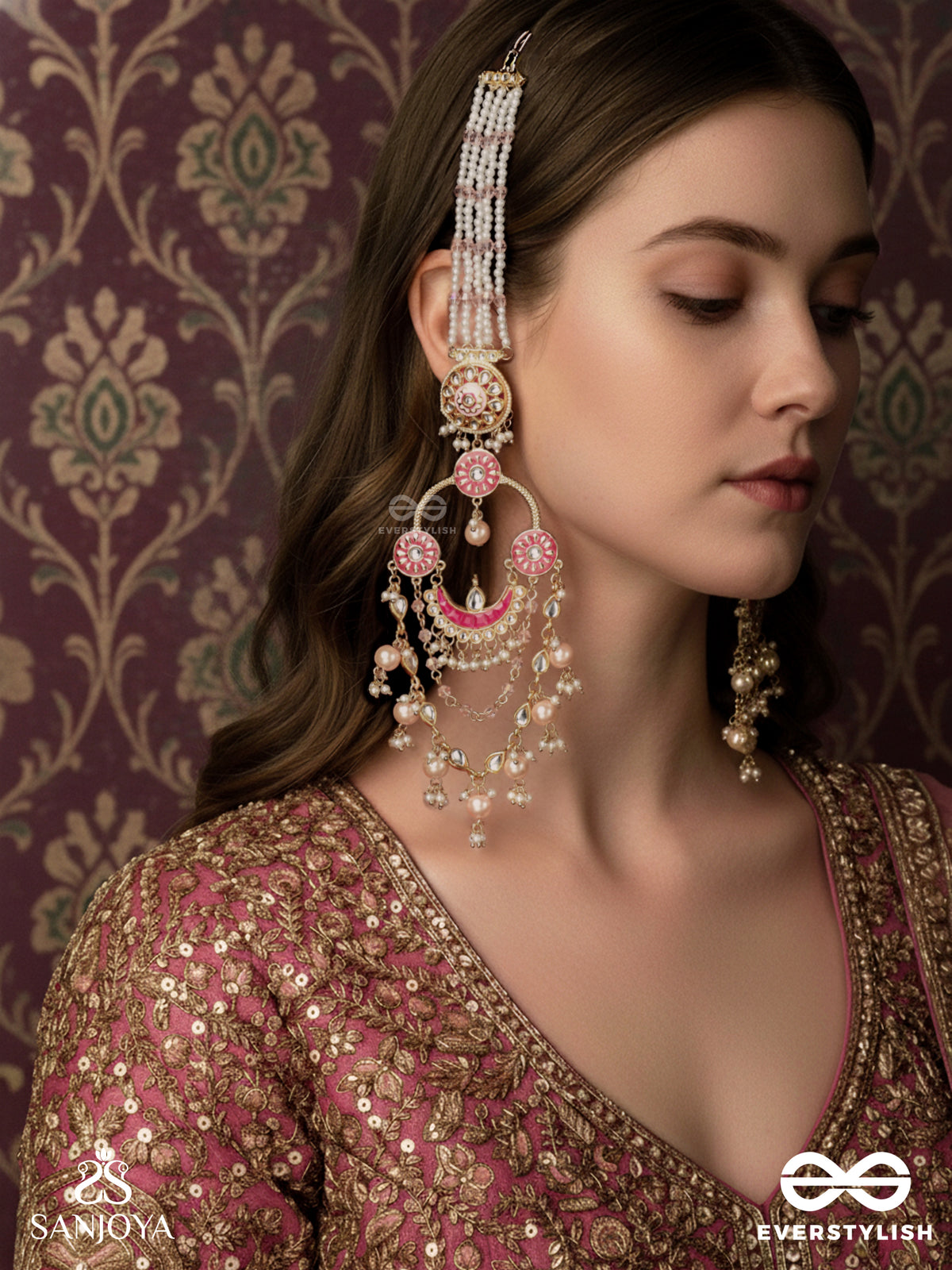 Padmali - Lotus Girl - Gold & Pink Motif With Pearl Hangings Earrings