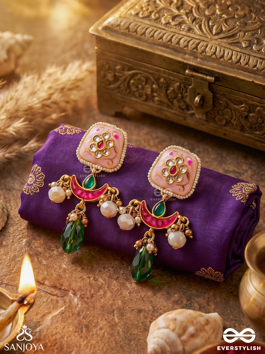 Varnashri - Colourful Grace - Pink Crescent Motif Earrings With Emerald Drop And Pearl Hangings