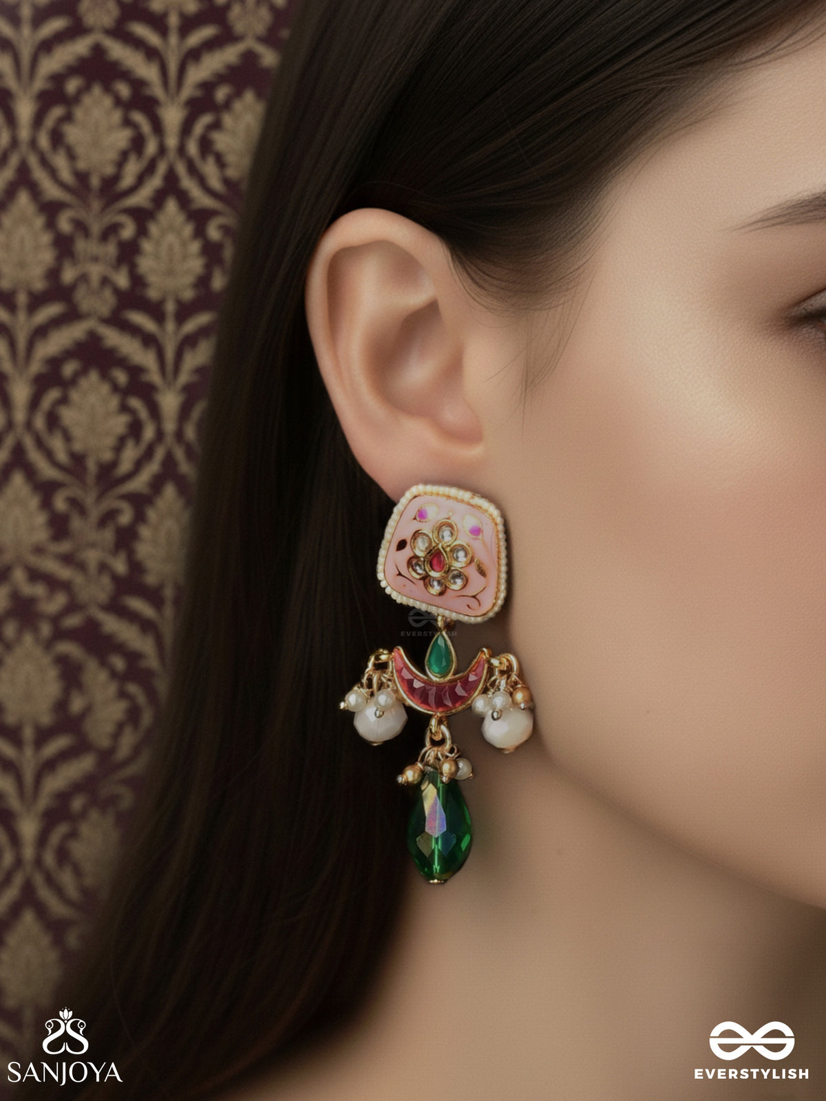 Varnashri - Colourful Grace - Pink Crescent Motif Earrings With Emerald Drop And Pearl Hangings