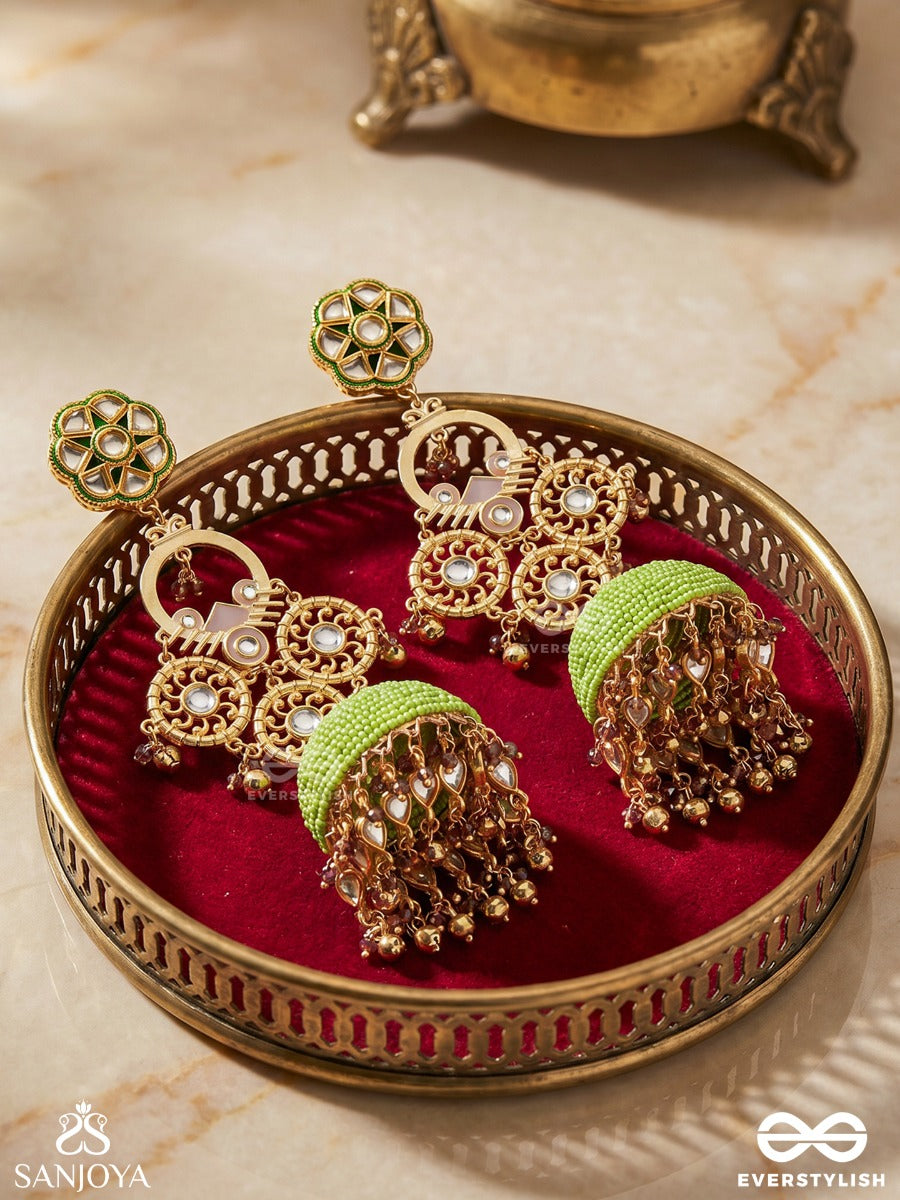 Kalanjali - Art Offering - Heritage Gold Mirror Drop Earrings With Bead Dome And Cluster Hangings