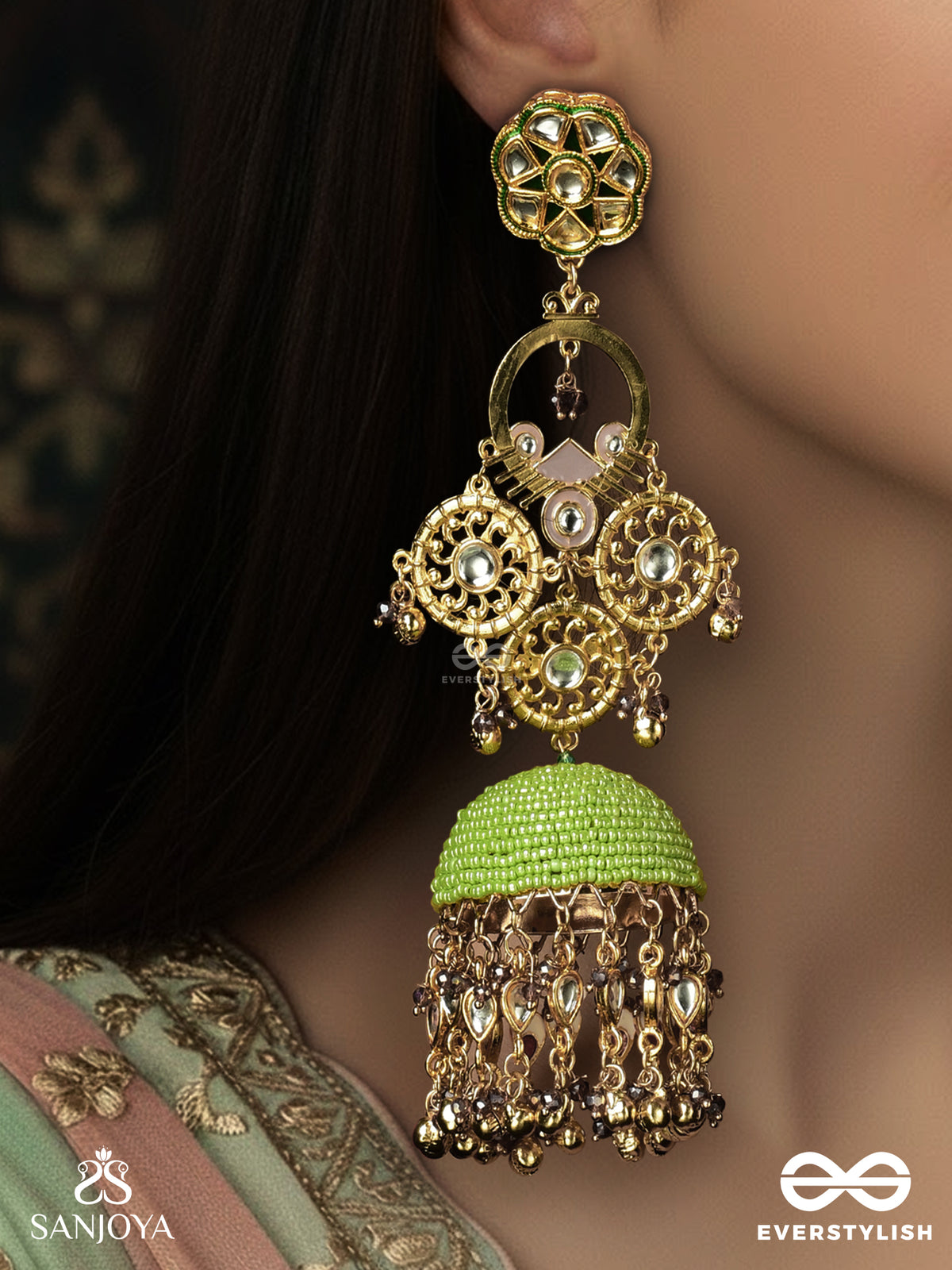 Kalanjali - Art Offering - Heritage Gold Mirror Drop Earrings With Bead Dome And Cluster Hangings