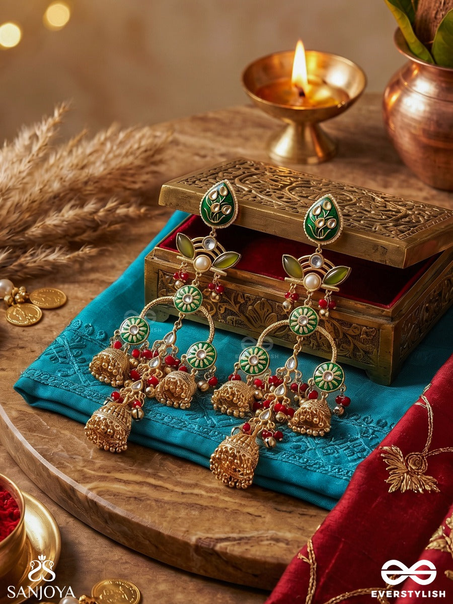 Prakalya - Pure Elegance - Artisanal Green Motif Drop Earrings With Red Accents And Gold Jhumka Chains