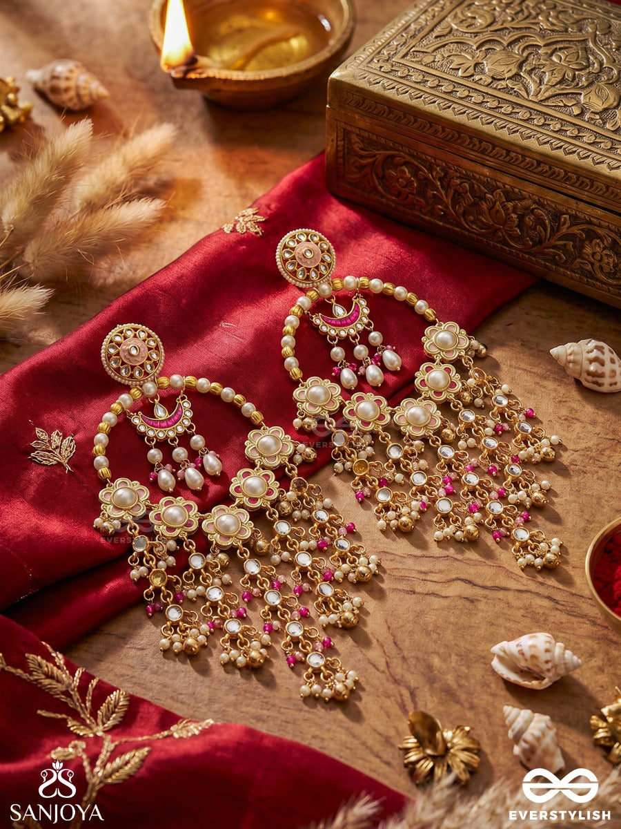 Kusumanjali - Offering Of Blooms - Multi-Tier Floral Pearl Earrings With Pink Bead Details