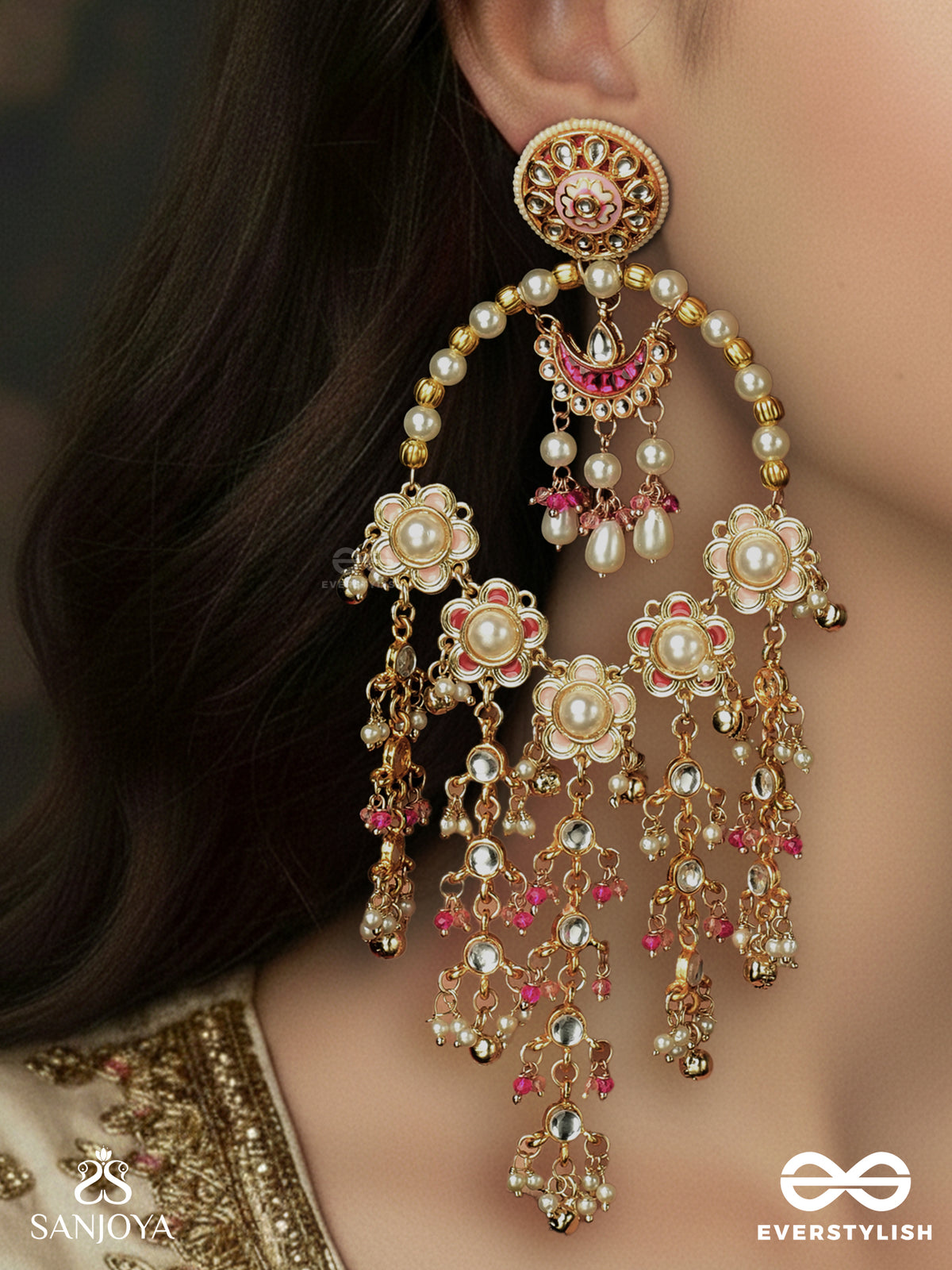 Kusumanjali - Offering Of Blooms - Multi-Tier Floral Pearl Earrings With Pink Bead Details