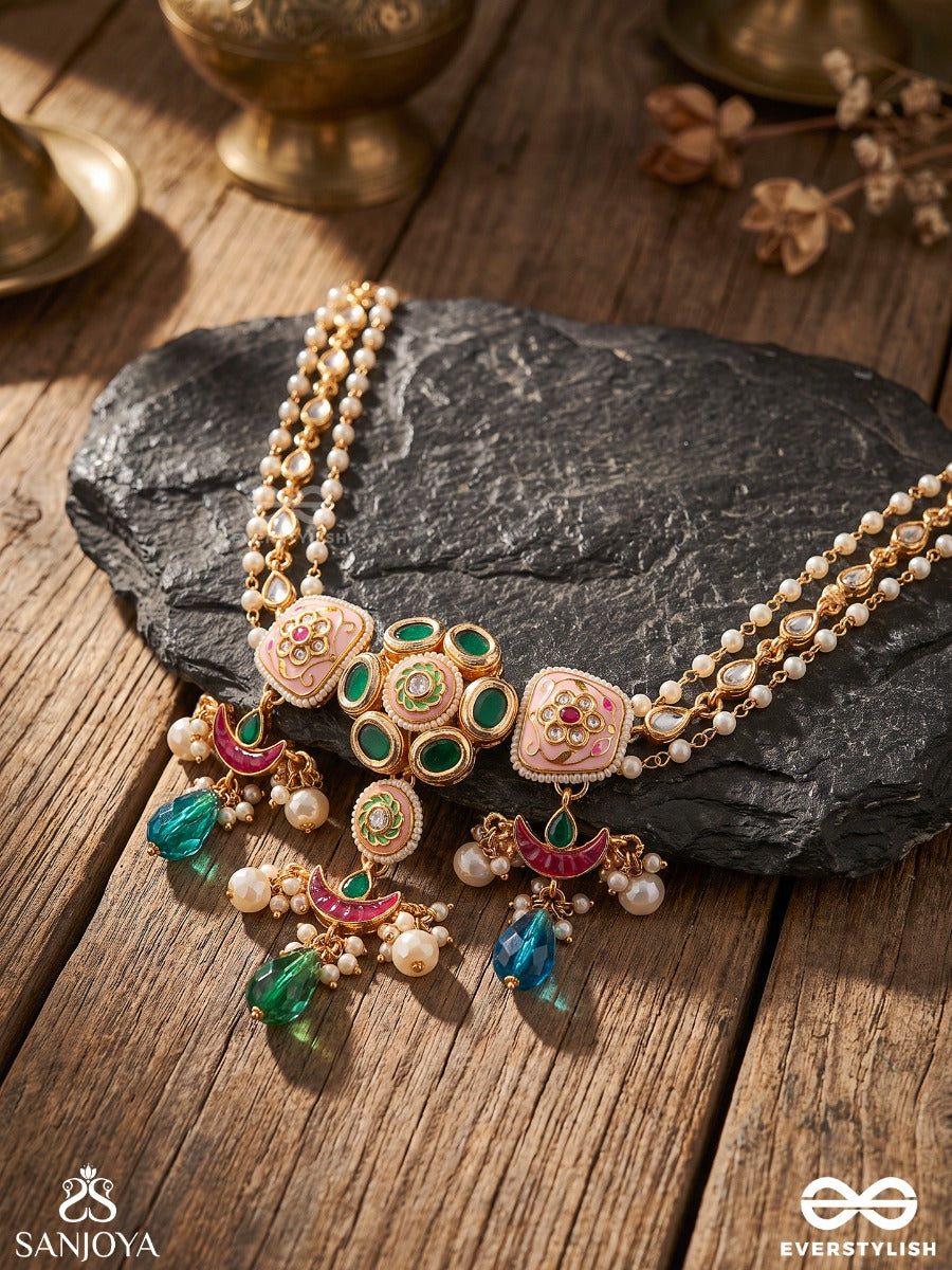 Suvarnalika - Golden Bloom - Ornate Pink-Pearl Chand Choker Necklace With Multiple Layers