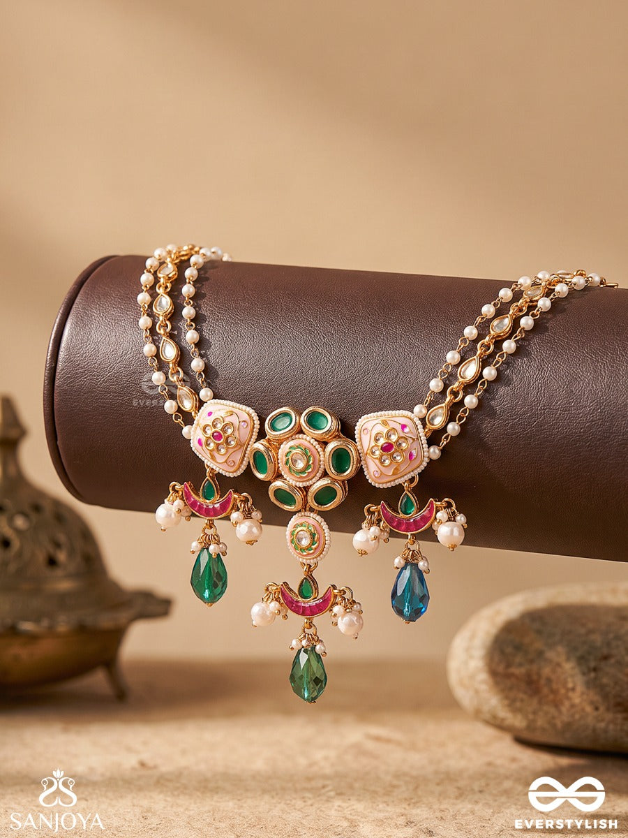 Suvarnalika - Golden Bloom - Ornate Pink-Pearl Chand Choker Necklace With Multiple Layers