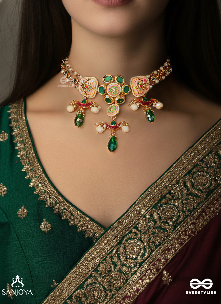 Suvarnalika - Golden Bloom - Ornate Pink-Pearl Chand Choker Necklace With Multiple Layers