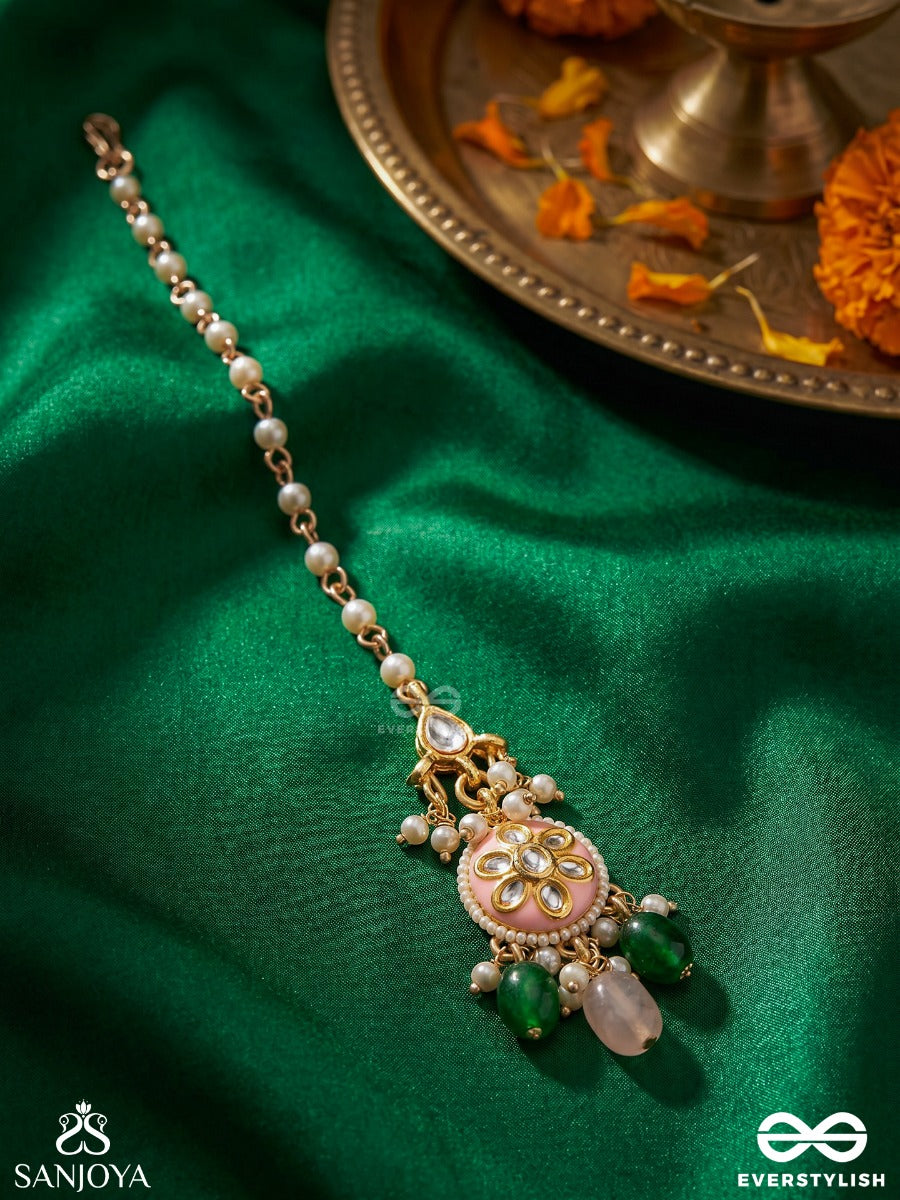 Somalika - Moon Bloom - Gold Maangtika With Pearl Drop And Emerald Bead Accents