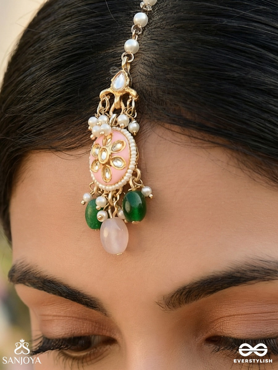 Somalika - Moon Bloom - Gold Maangtika With Pearl Drop And Emerald Bead Accents