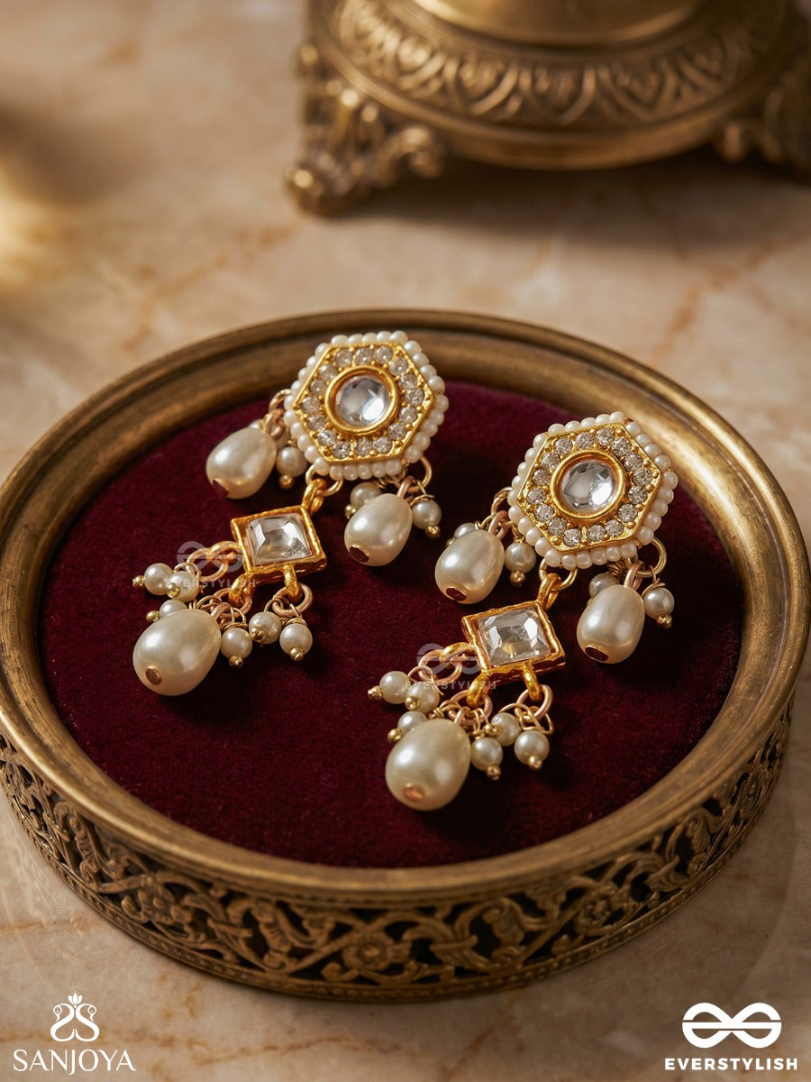 Madhupriya - Beloved Blossom - Ornate Golden Bloom Drop With Pearl Clusters Earrings