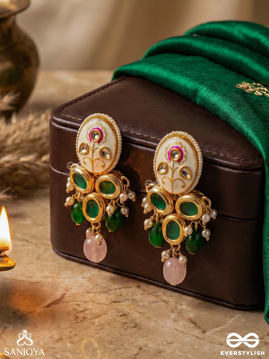 Kundanmala - Kundan Garland - Green Emerald-Clustered Gold Earrings With Pearl Drop