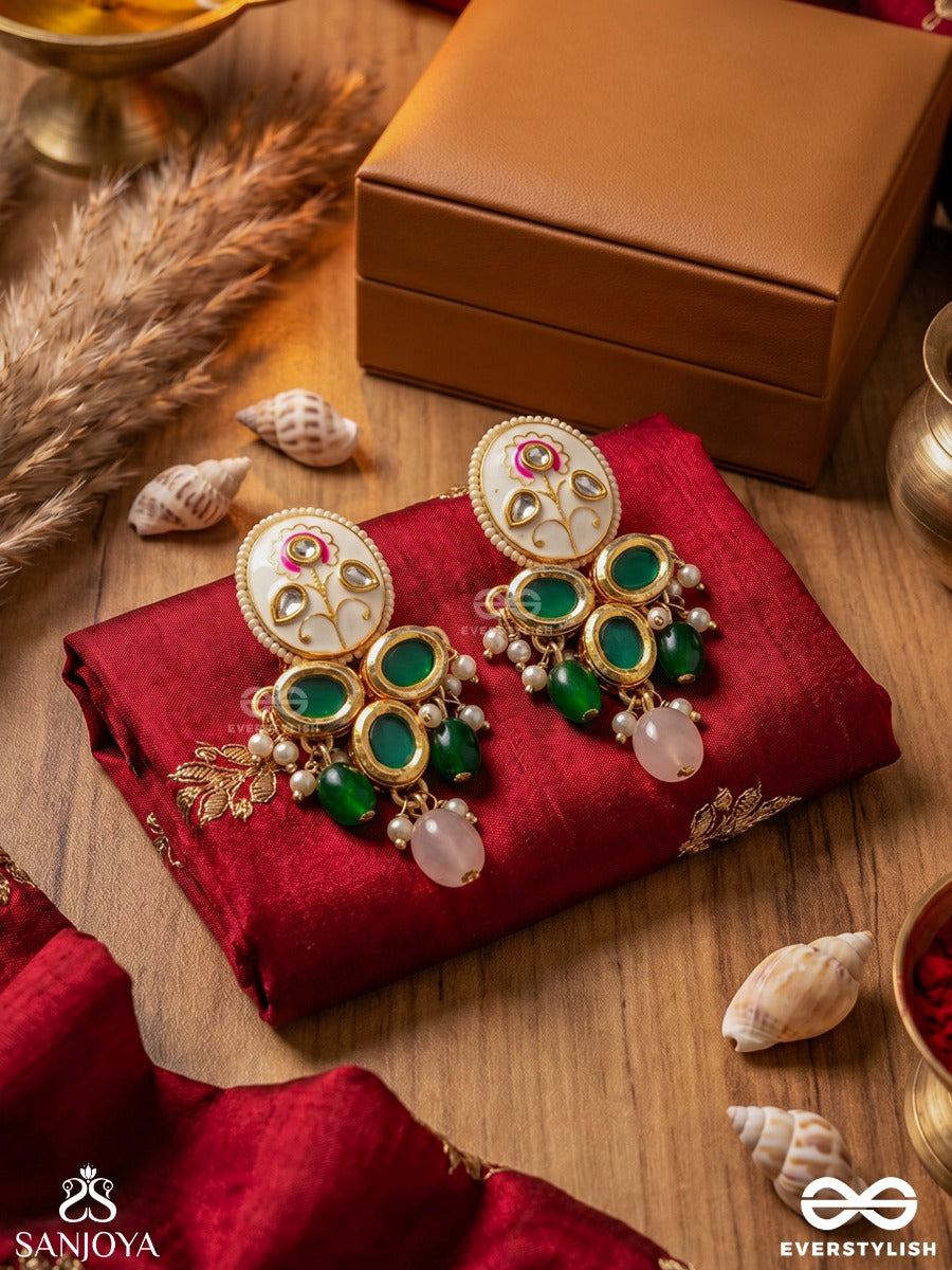 Kundanmala - Kundan Garland - Green Emerald-Clustered Gold Earrings With Pearl Drop