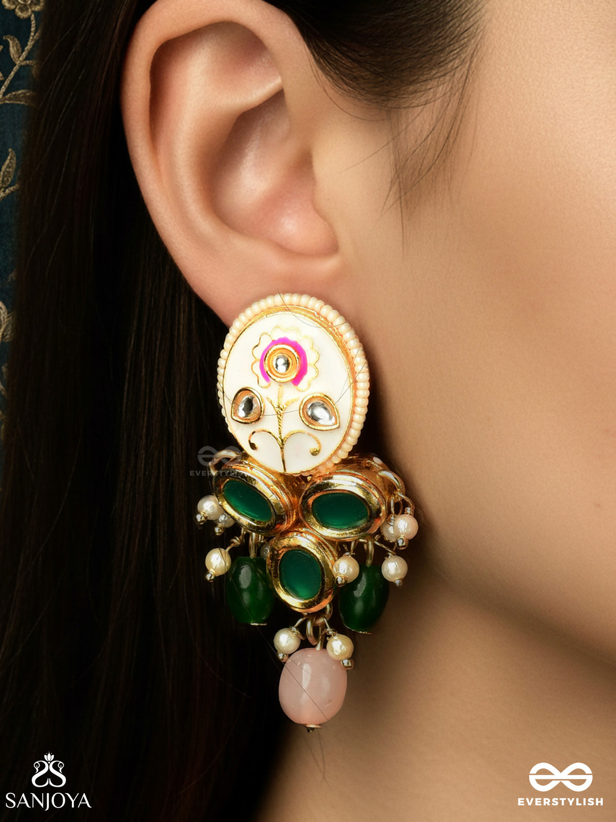 Kundanmala - Kundan Garland - Green Emerald-Clustered Gold Earrings With Pearl Drop