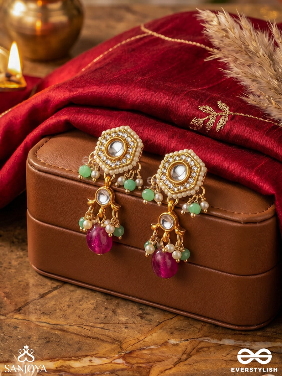 Tapanshri - Bright Ray - Gold Cutwork Motif With Reflective Stones And Pink Bead Earrings