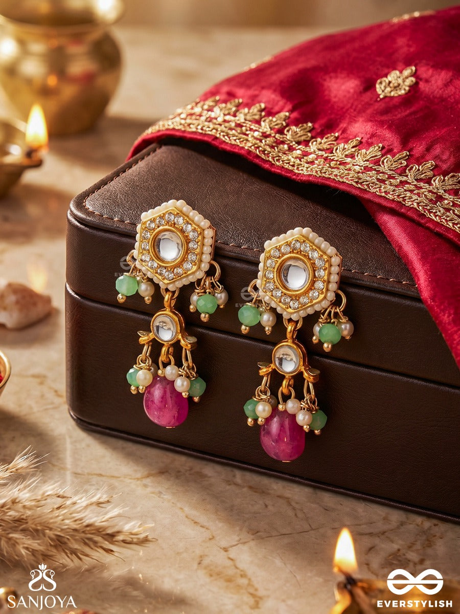 Tapanshri - Bright Ray - Gold Cutwork Motif With Reflective Stones And Pink Bead Earrings