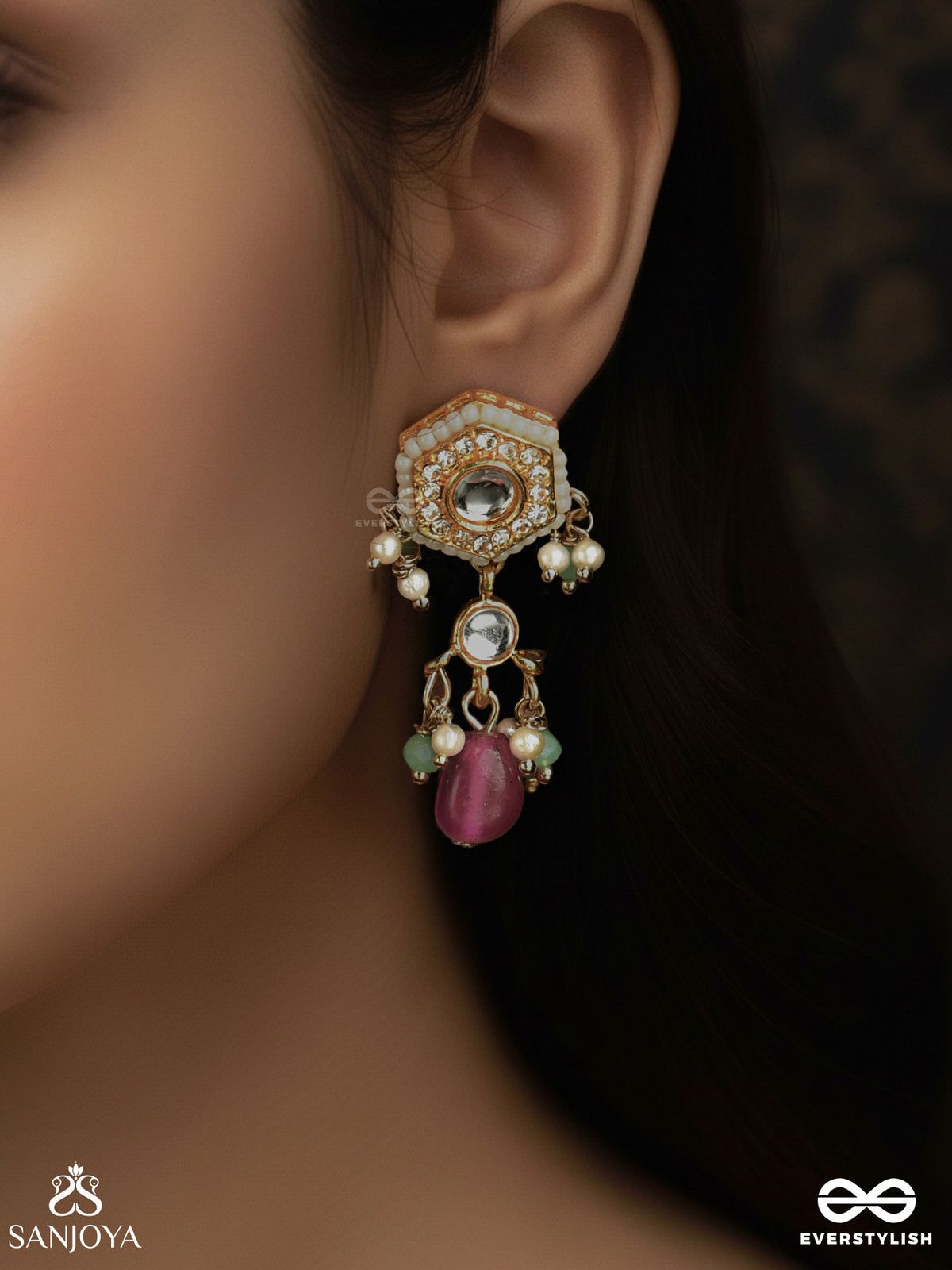 Tapanshri - Bright Ray - Gold Cutwork Motif With Reflective Stones And Pink Bead Earrings