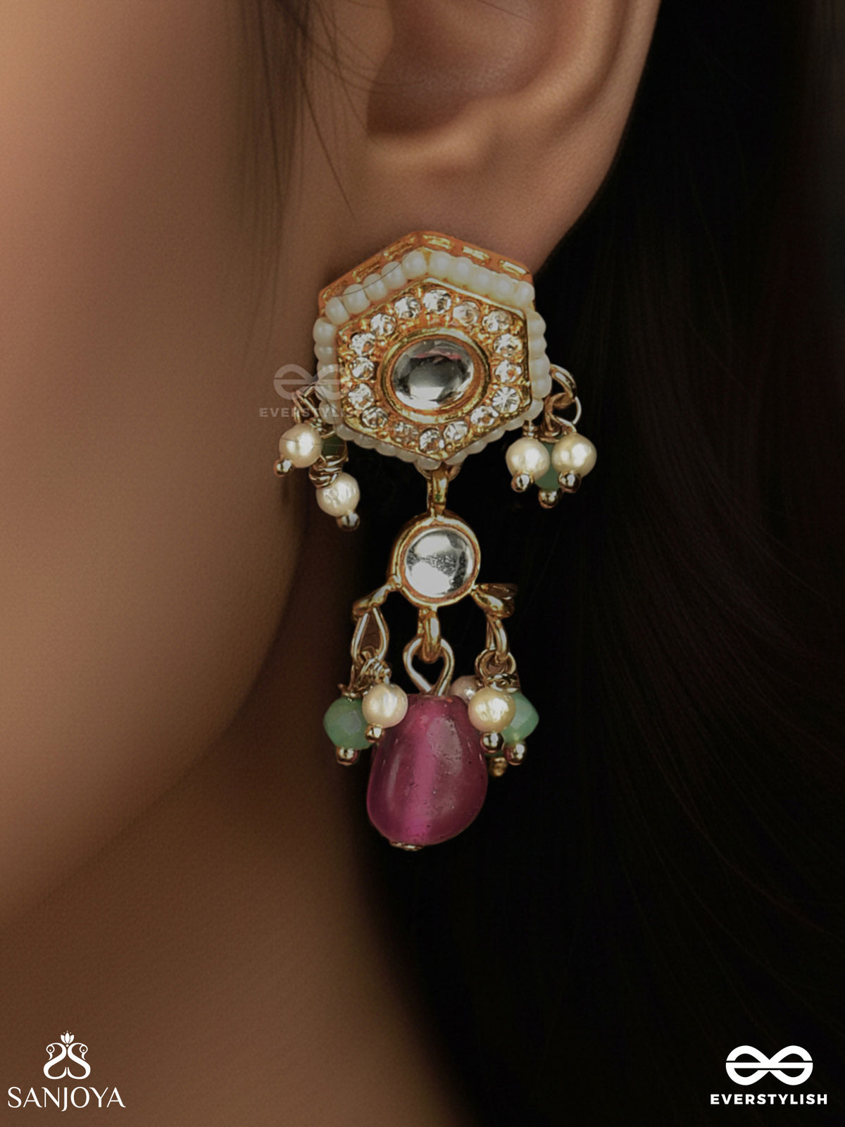 Tapanshri - Bright Ray - Gold Cutwork Motif With Reflective Stones And Pink Bead Earrings