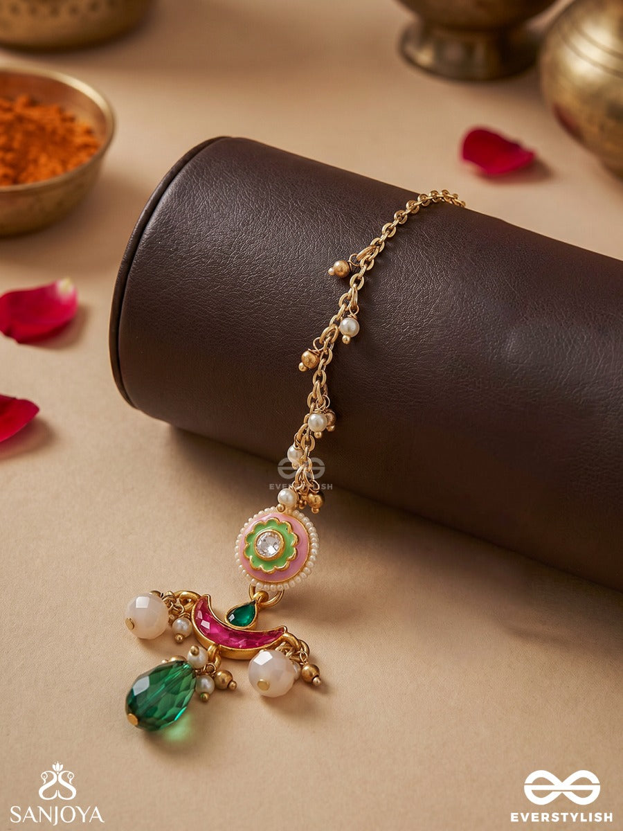 Suvarnalika - Golden Bloom - Ornate Pink-Pearl Chand Maangtika