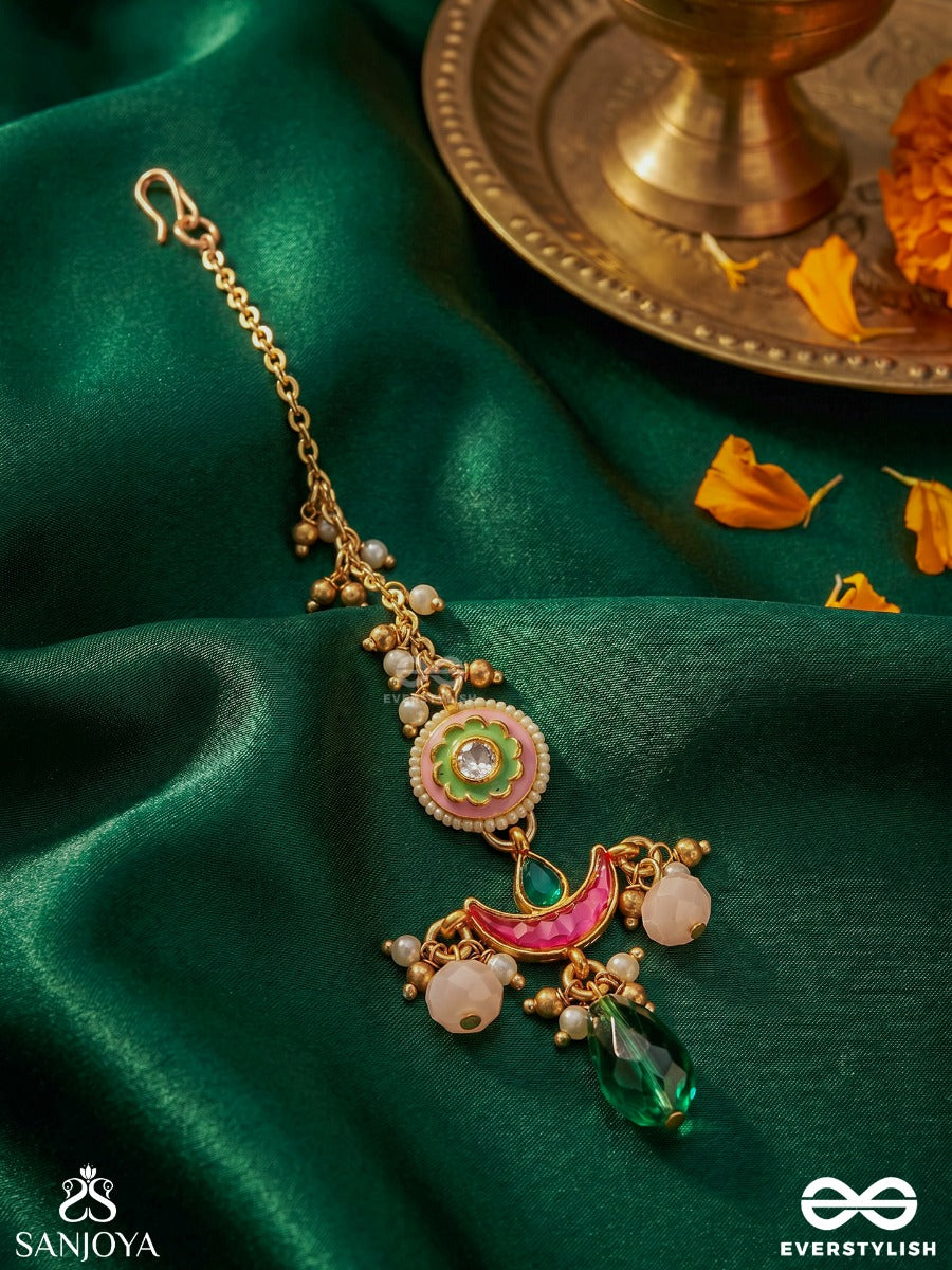 Suvarnalika - Golden Bloom - Ornate Pink-Pearl Chand Maangtika