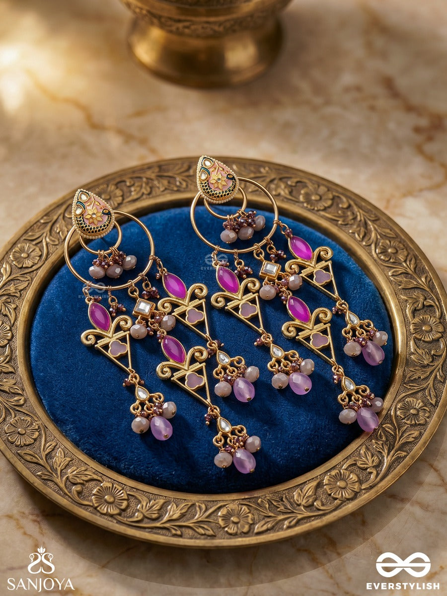 Rangvilasa - Cascade Of Jewels - Ornate Kundan Earrings With Purple Stones, Pearl Beads And Decorative Frames