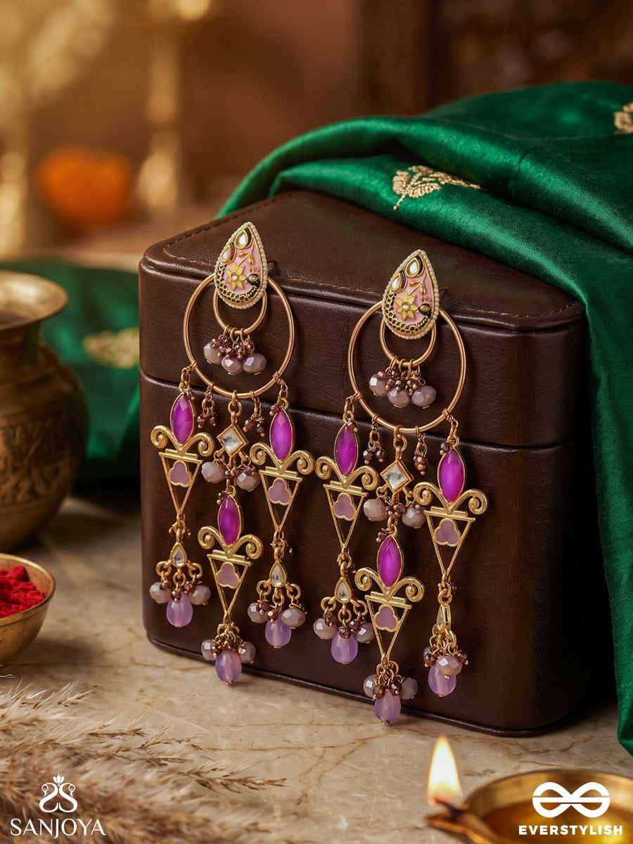 Rangvilasa - Cascade Of Jewels - Ornate Kundan Earrings With Purple Stones, Pearl Beads And Decorative Frames