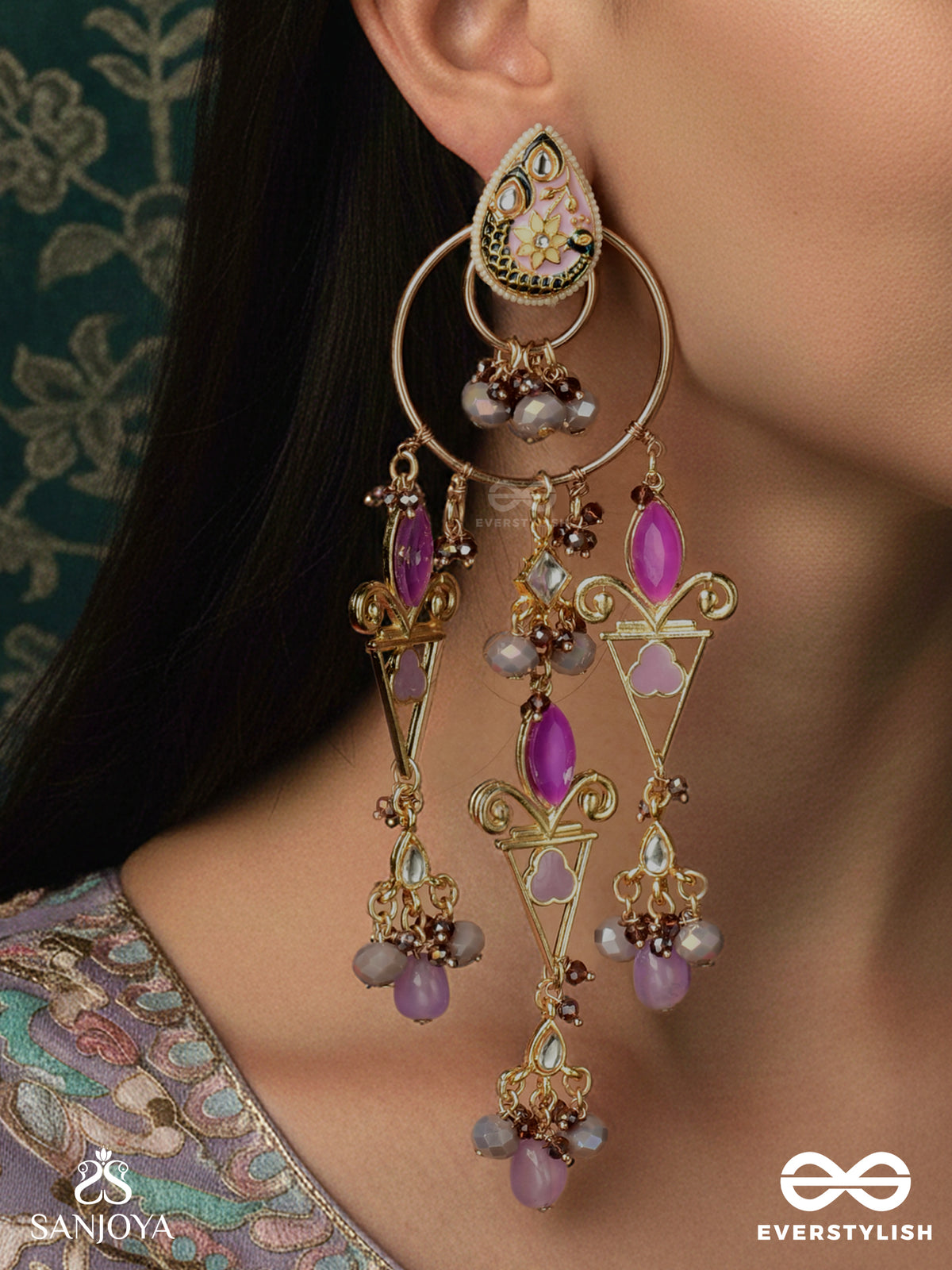 Rangvilasa - Cascade Of Jewels - Ornate Kundan Earrings With Purple Stones, Pearl Beads And Decorative Frames