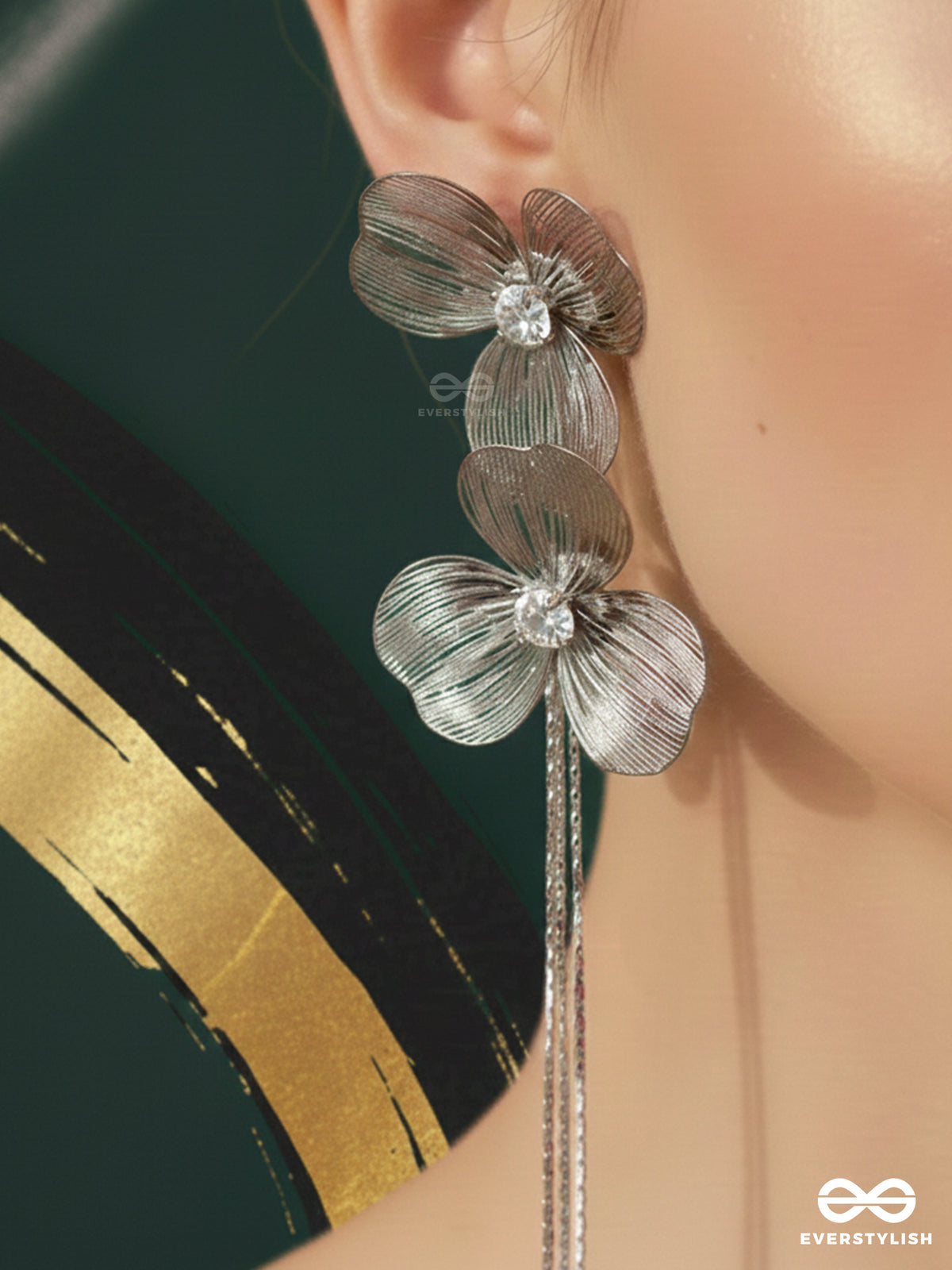 Petal Glide - Modern Silver Floral Fringe Earrings
