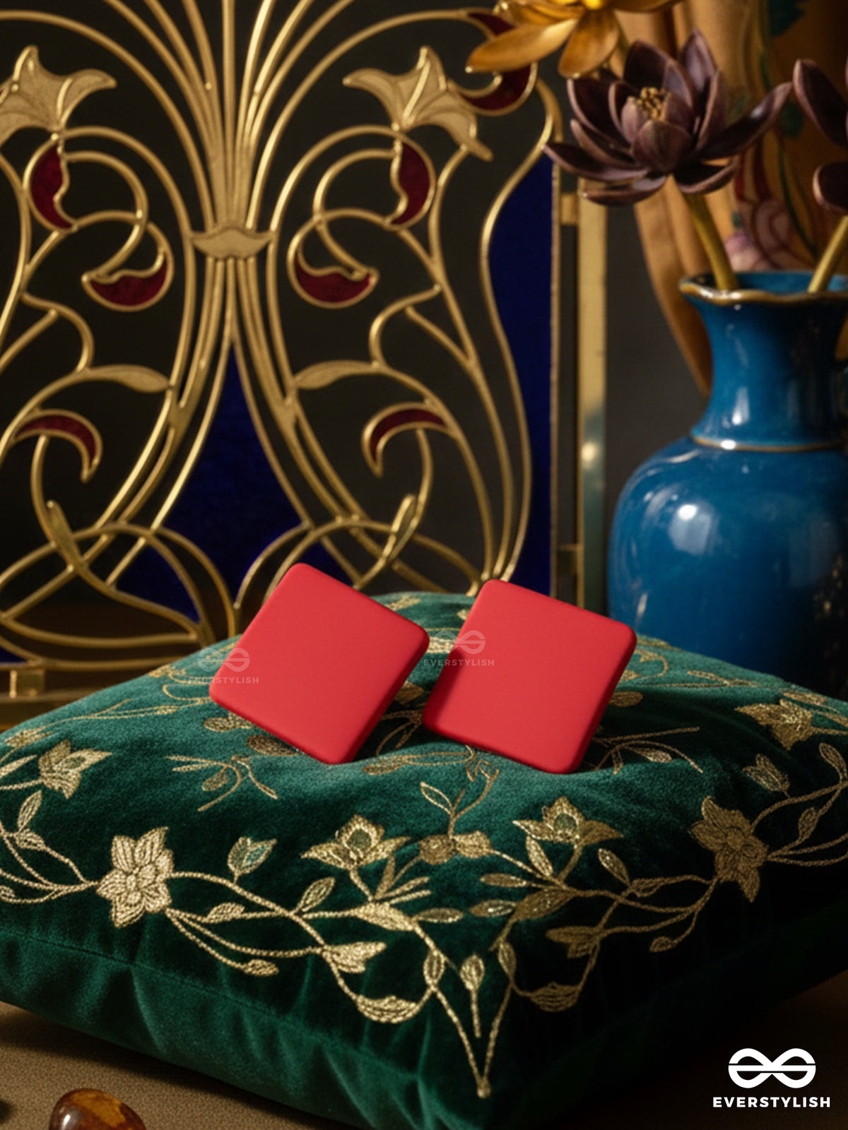 Ruby Cube - Solid Red Stud Earrings