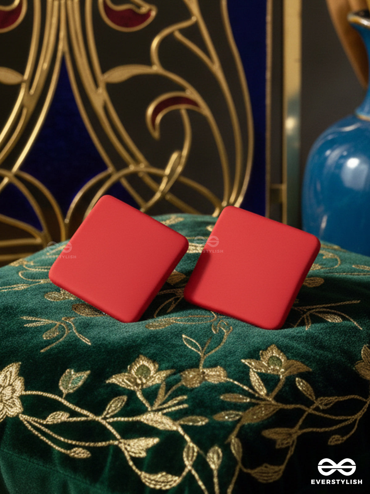 Ruby Cube - Solid Red Stud Earrings