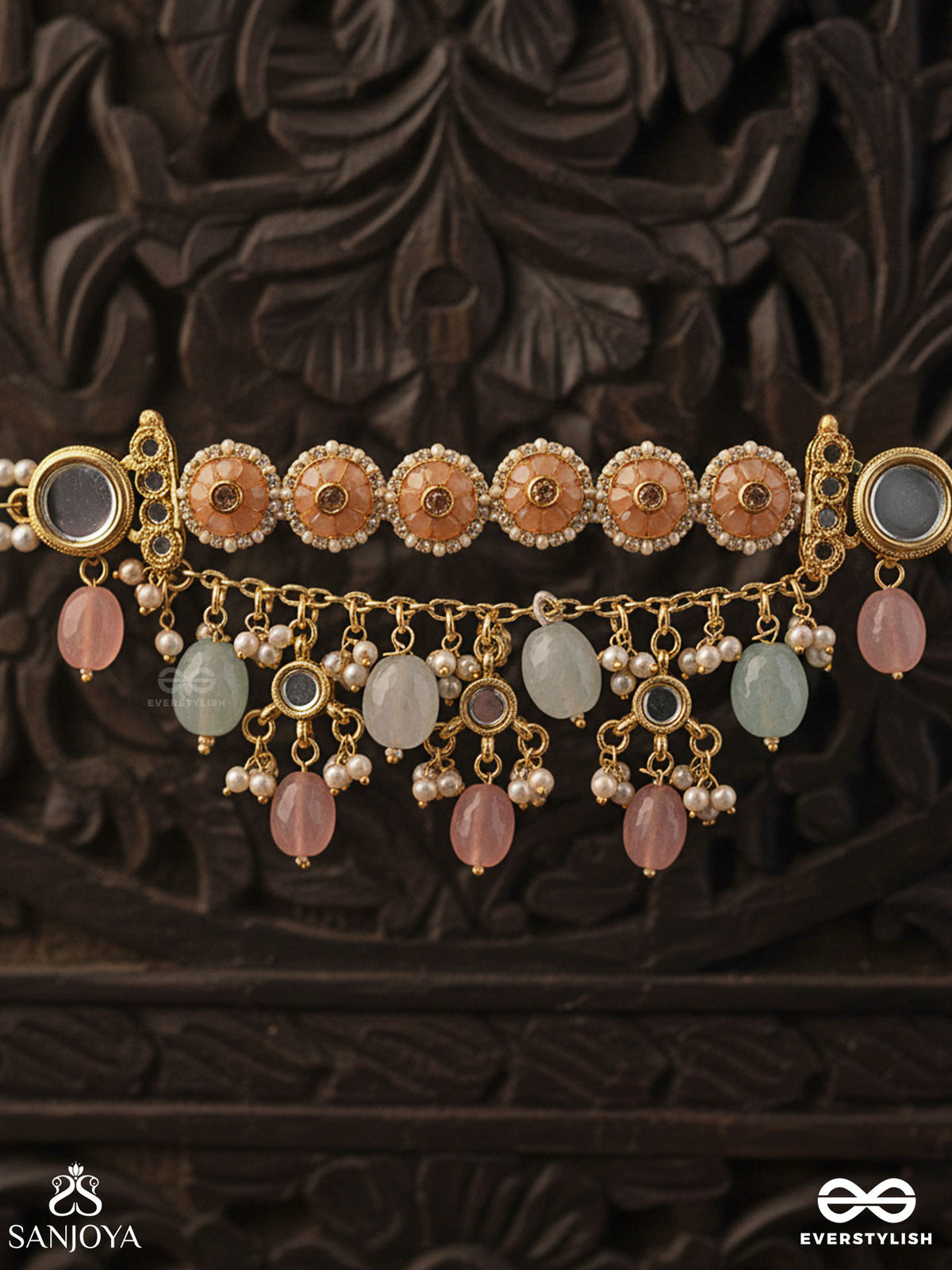 Pankhuri - Delicate Petals - Kundan Choker Necklace With Pink And Mint Drop Details