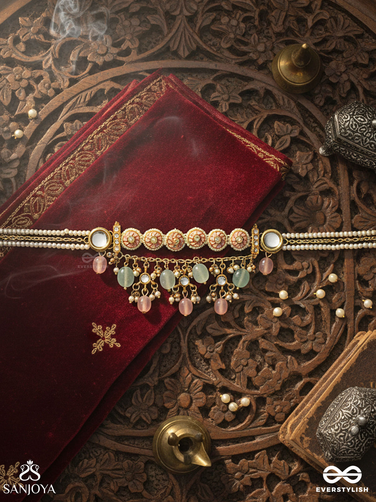 Pankhuri - Delicate Petals - Kundan Choker Necklace With Pink And Mint Drop Details